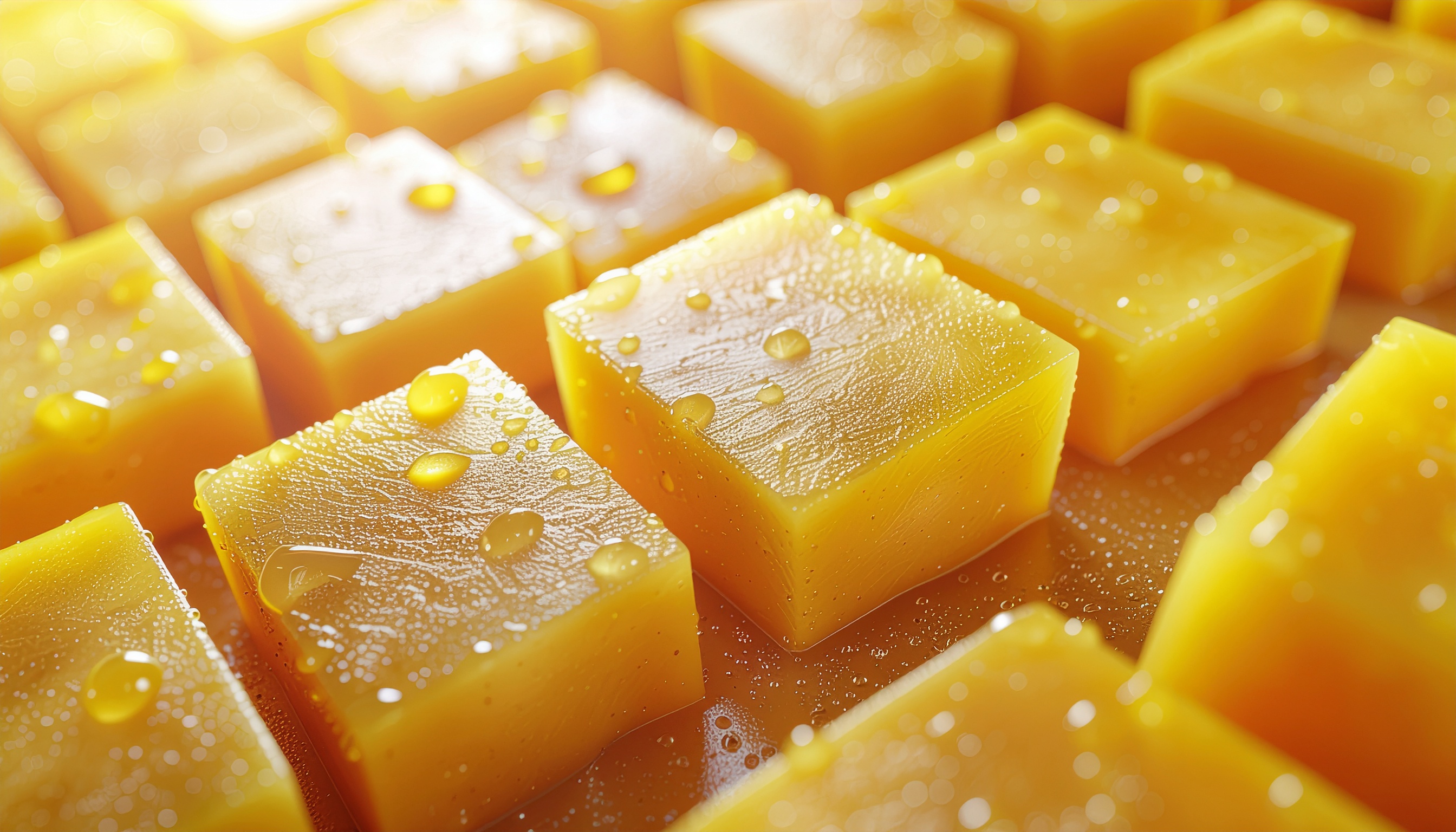Cubos de gelatina amarela brilhando sob a luz suave. Ideal para apresentações culinárias sofisticadas e pratos criativos. O visual transparente com gotas de água realça a frescura e a textura macia. Perfeito para sobremesas em festas e eventos especiais. A cor vibrante adiciona um toque de alegria e energia à mesa.