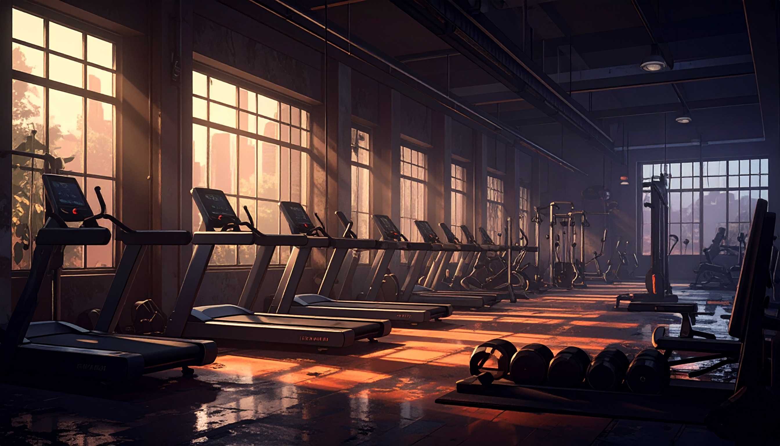 A spacious gym with treadmills and weights bathed in warm sunlight