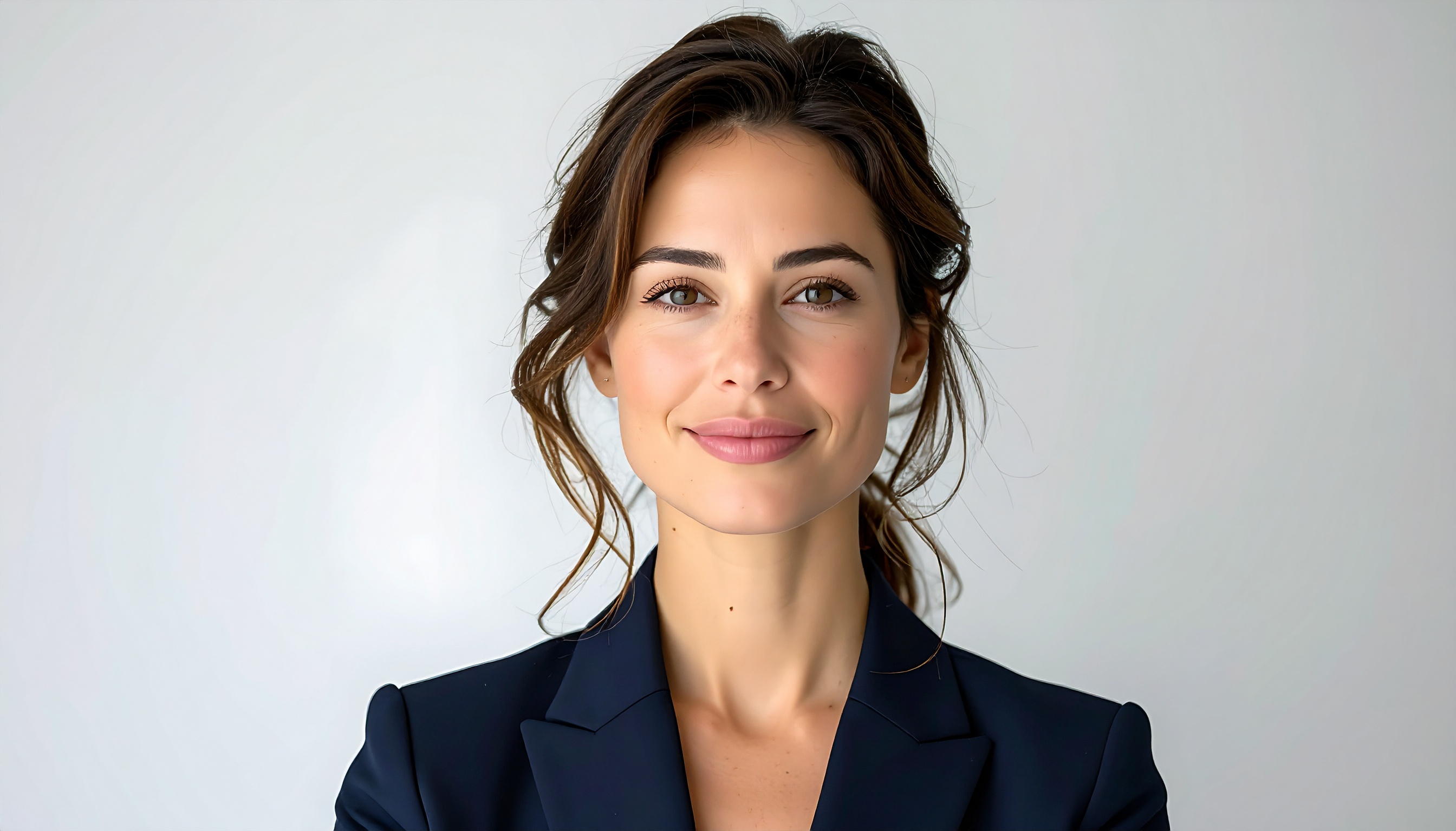 A confident professional woman poses in a navy blazer against a soft gray background