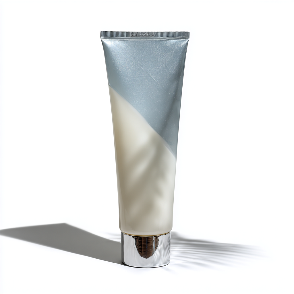 Tubo de creme elegante em fundo branco, com design minimalista em tons de prata e bege. A iluminação suave destaca o brilho metálico da tampa e cria uma sombra delicada, conferindo um ar sofisticado e clean à composição.