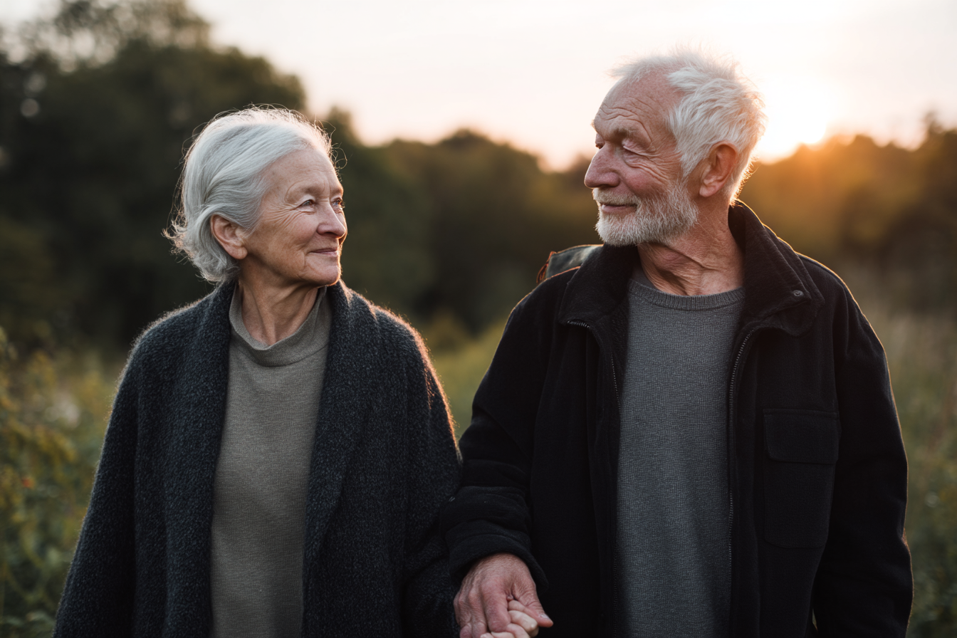 Um casal idoso caminhando de mãos dadas em um campo durante o pôr do sol, mostrando expressão de felicidade e amor. A imagem captura a beleza da companhia e da vida ao ar livre.