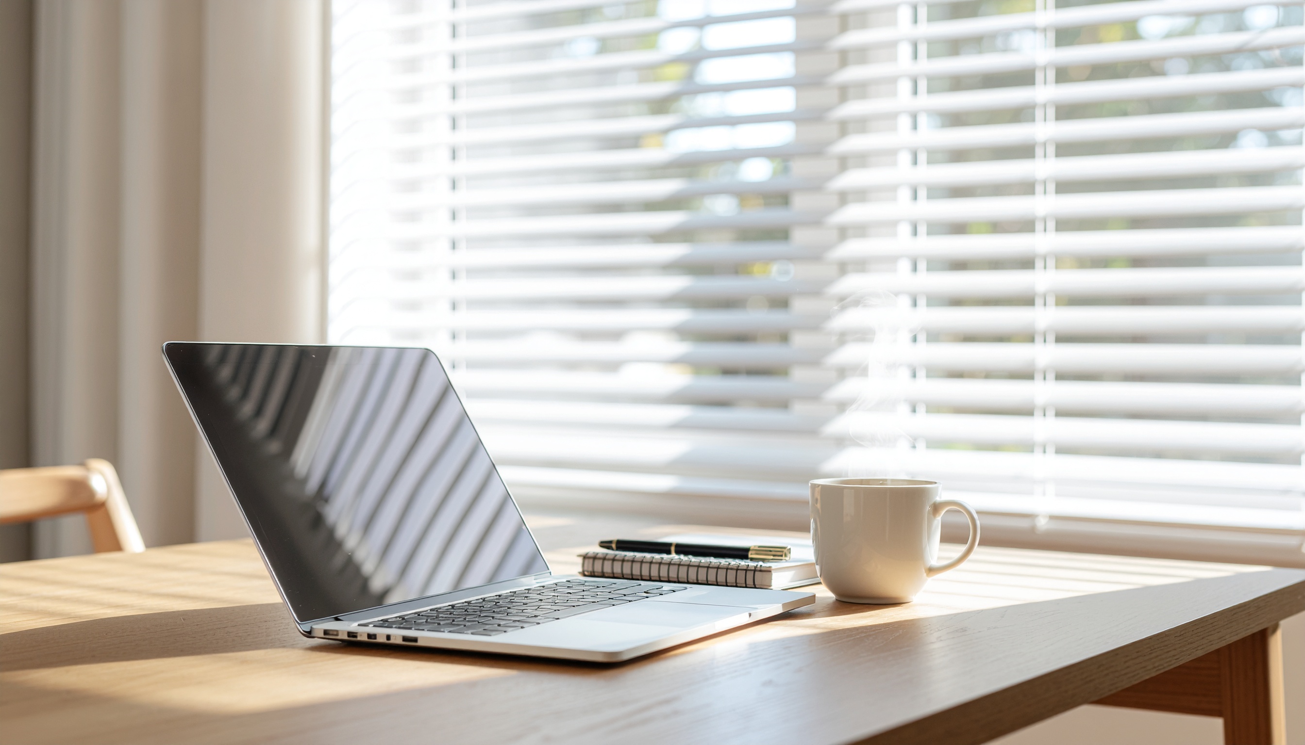 Espaço de trabalho minimalista iluminado pela luz do sol, com laptop, caderno e caneta sobre mesa de madeira, transmitindo organização e tranquilidade.