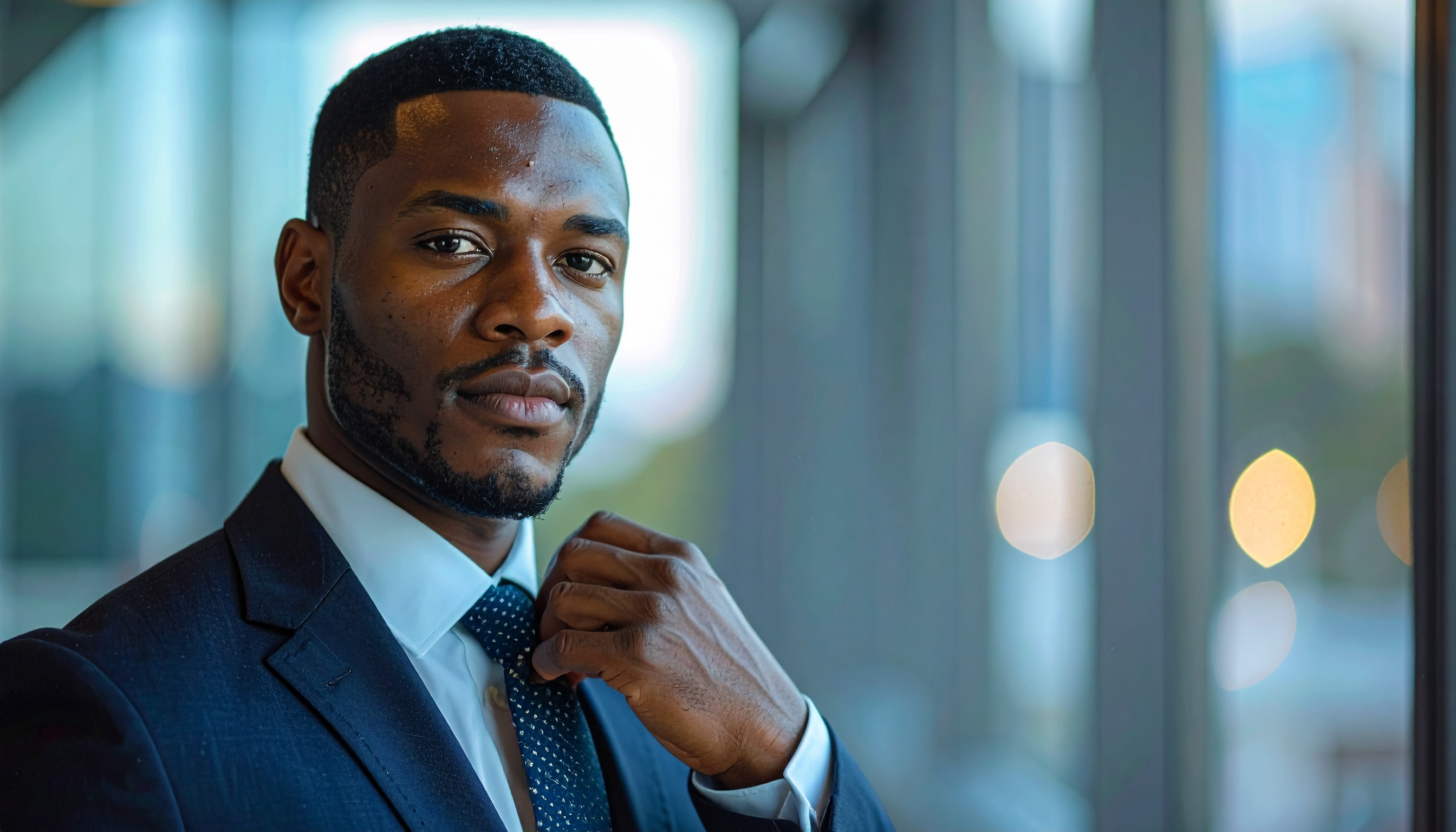 Retrato de um homem confiante em um terno elegante, olhando diretamente para a câmera, com um fundo desfocado de um escritório moderno à luz do dia.