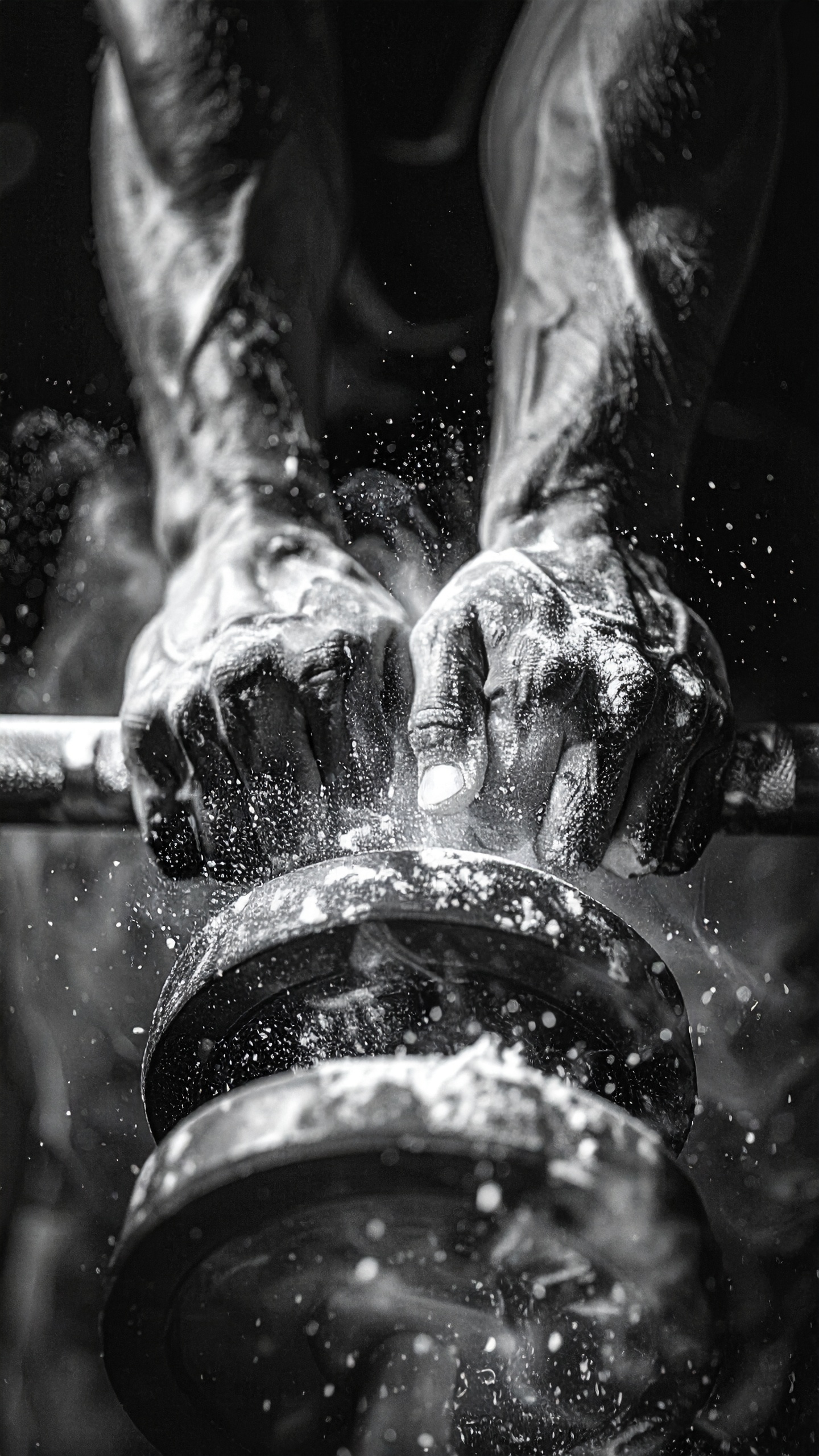 Powerful hands grip a weightlifting bar, dusted with chalk, showcasing strength