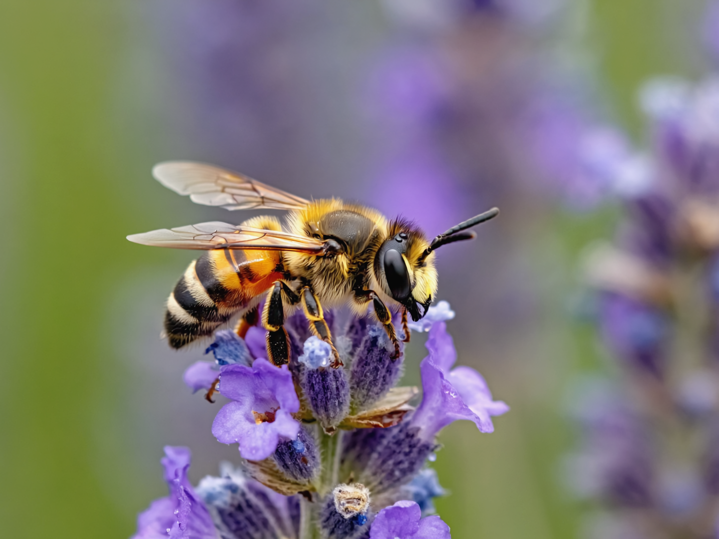 Imagem macro de uma abelha pousada em uma flor de lavanda roxa vibrante, destacando as listras amarelas e pretas do inseto. A iluminação natural realça o contraste entre a abelha e o fundo desfocado, criando uma composição harmoniosa e detalhada em close-up com foco seletivo.