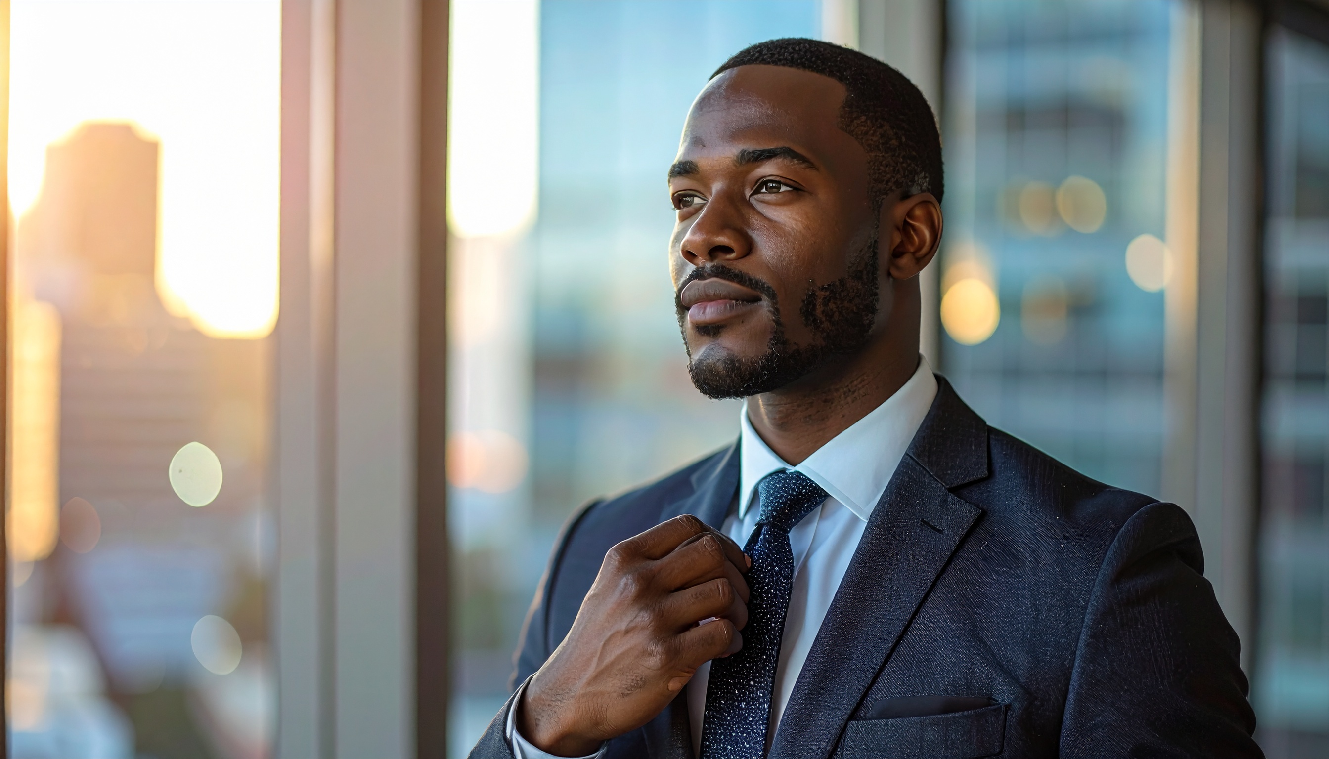 Homem de negócios confiante olha pela janela de um escritório moderno ao pôr do sol, ajustando sua gravata. A cena transmite determinação e sucesso no ambiente corporativo urbano.