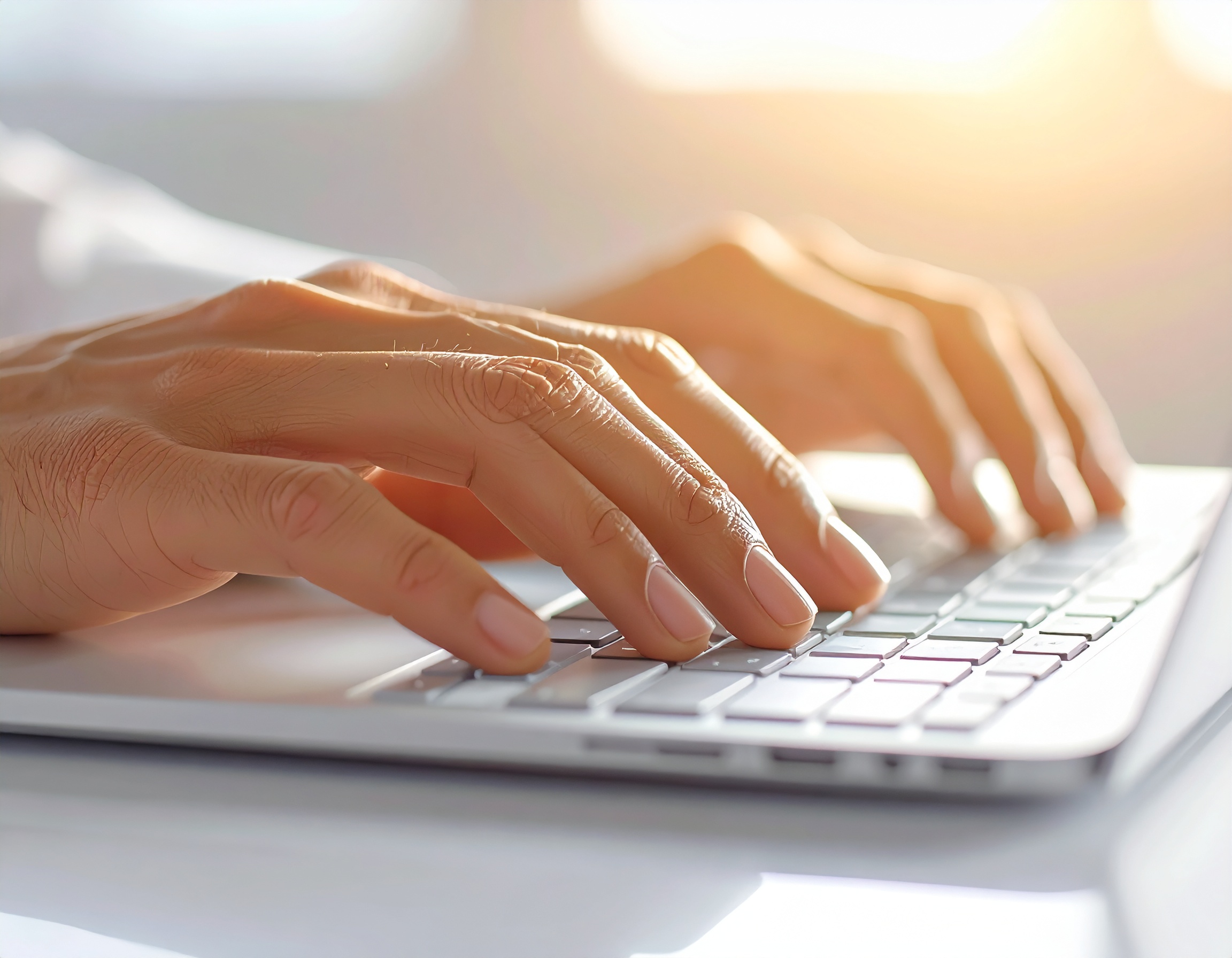 Mãos digitando em um teclado de laptop iluminado por luz natural suave, transmitindo concentração e produtividade em um ambiente moderno de escritório.