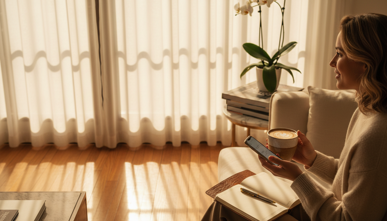 A woman enjoys a coffee while using her smartphone in a sunlit living room