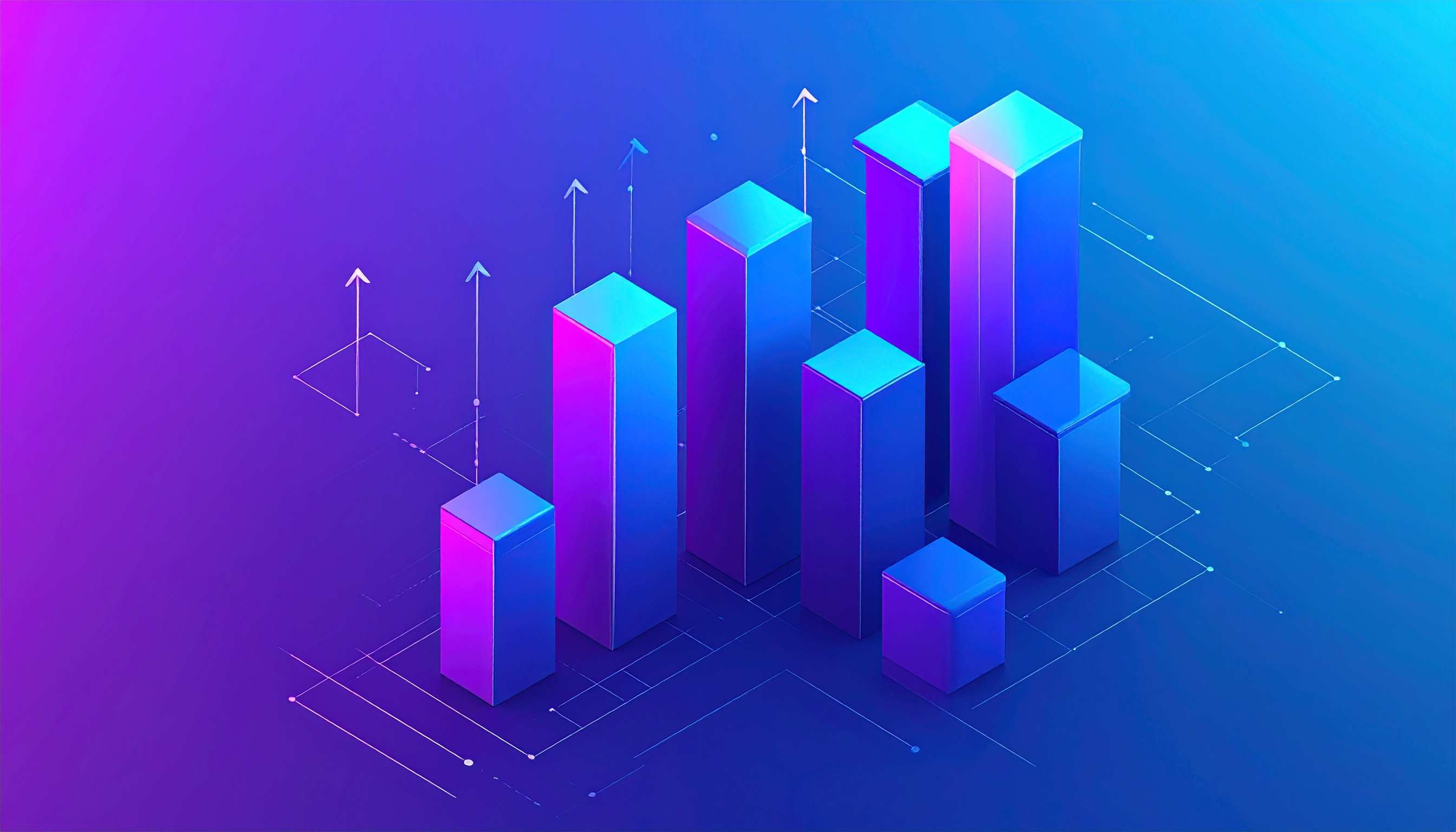 A vibrant bar graph visualizes data trends with neon colors and a futuristic design