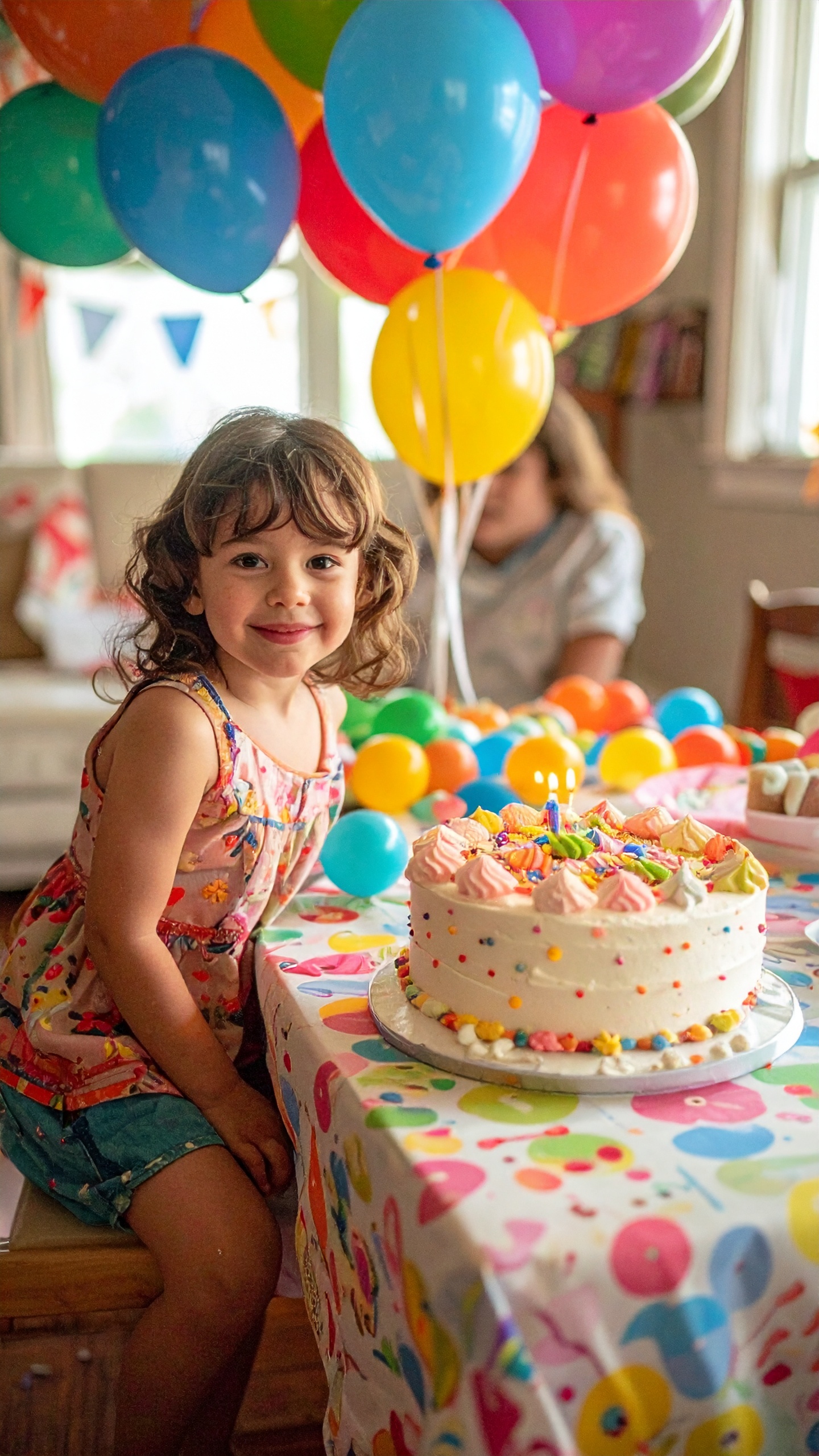A cheerful child sits beside a colorful birthday cake adorned with sprinkles and icing, set