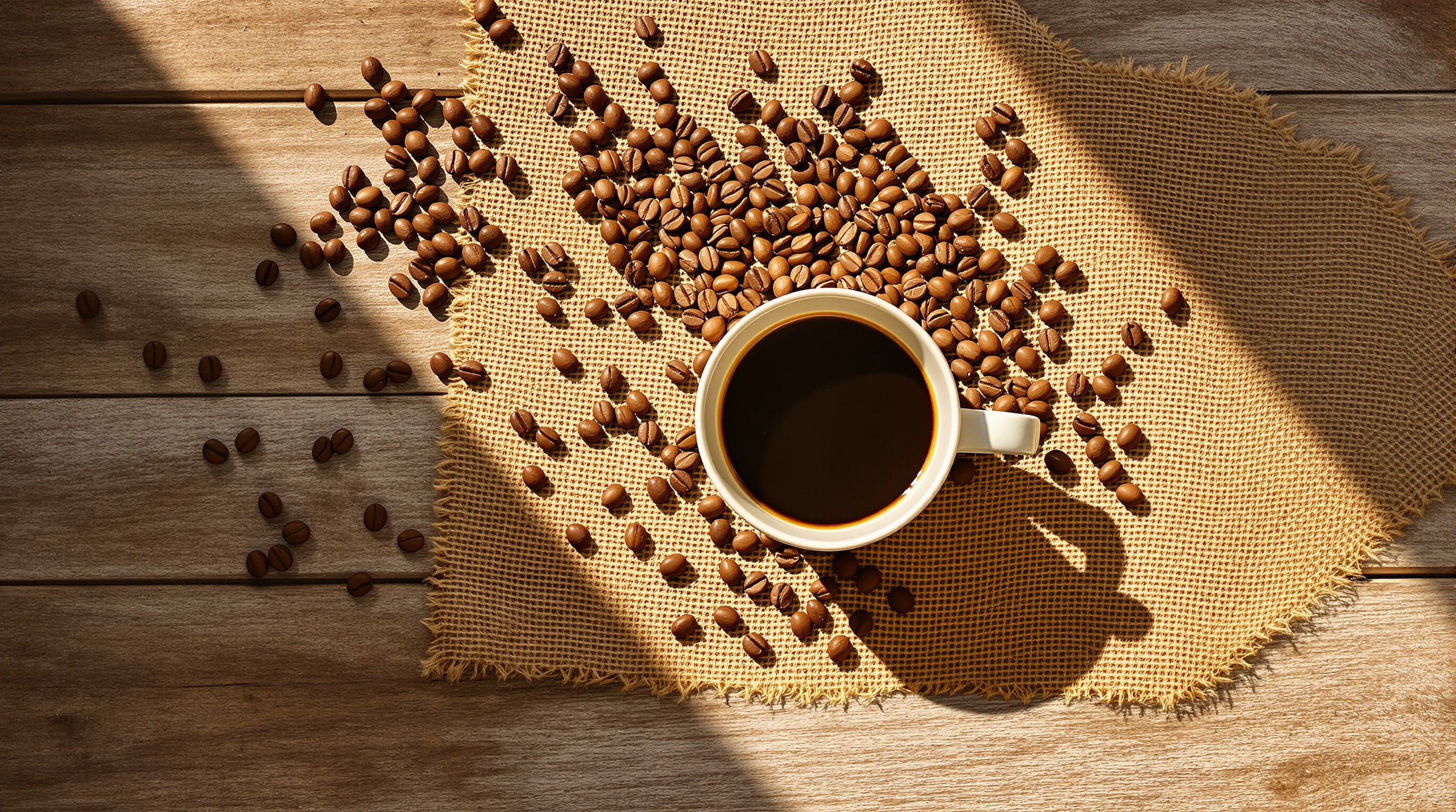 Coffee beans scattered on burlap with a cup of coffee on a wooden table