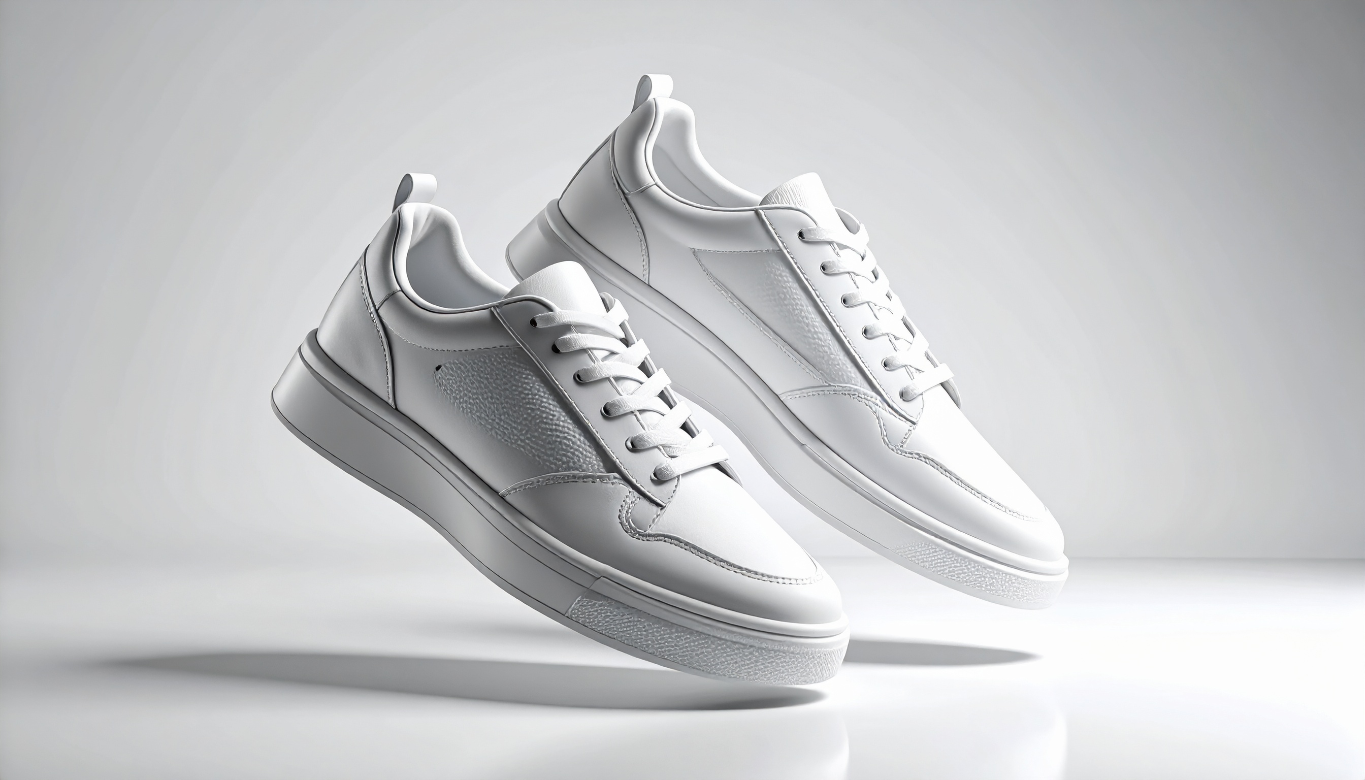 Um par de tênis brancos flutuando em um fundo claro, com design minimalista e moderno. A iluminação suave destaca os detalhes do couro e a textura, criando um efeito tridimensional e elegante. A composição centralizada e o fundo neutro proporcionam uma atmosfera clean e sofisticada, com foco nítido e ângulo ligeiramente lateral.