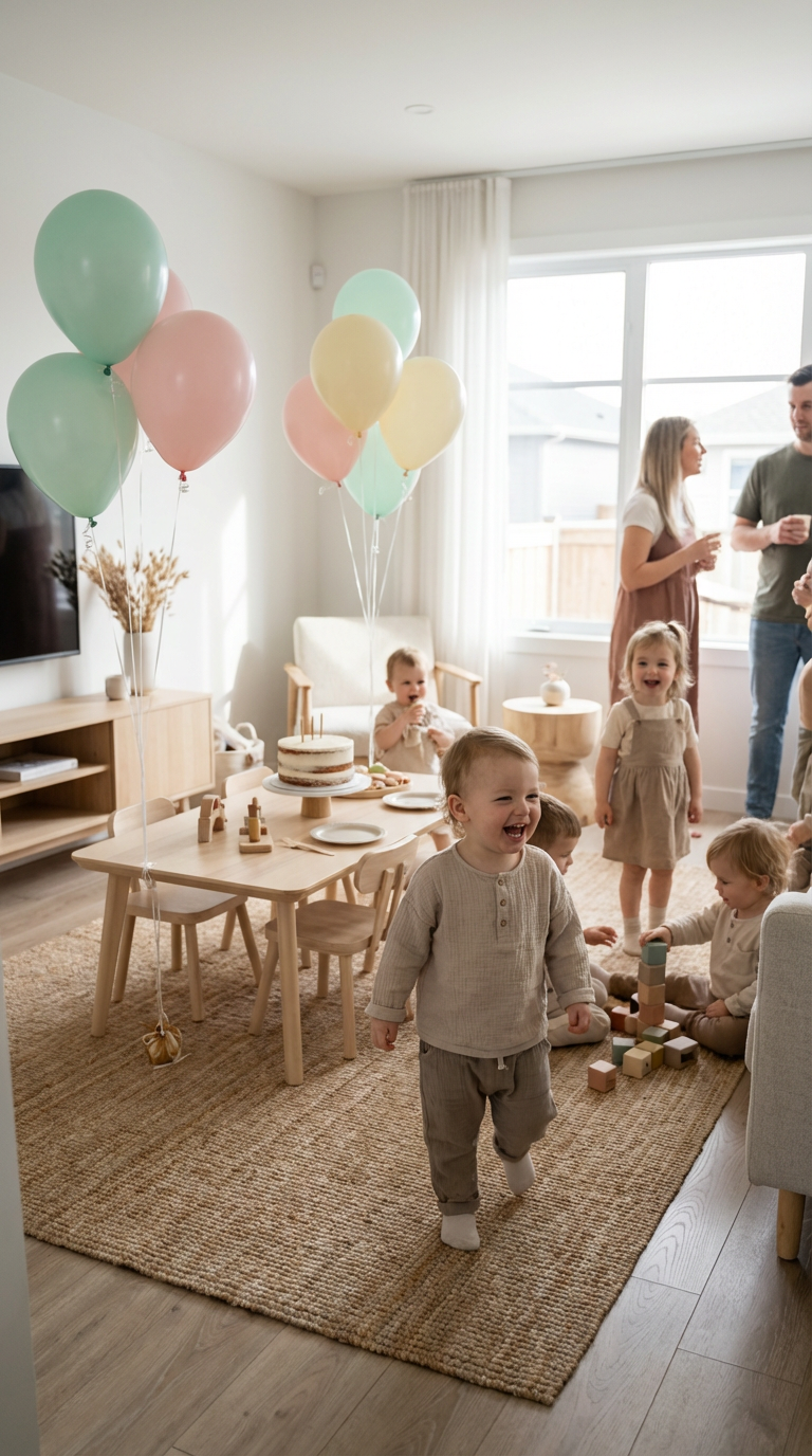 A cozy children's party in a modern living room filled with balloons and laughter