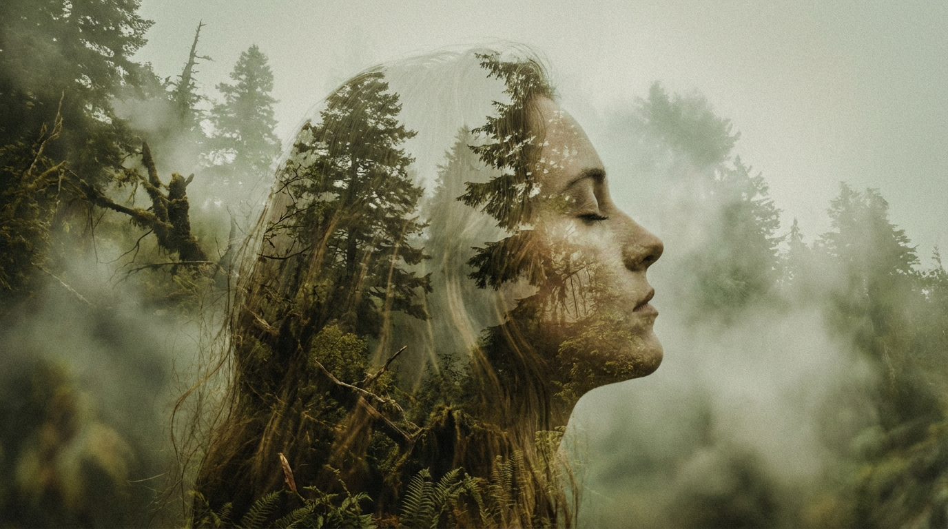 A serene double exposure of a woman's profile overlaid with a misty forest scene