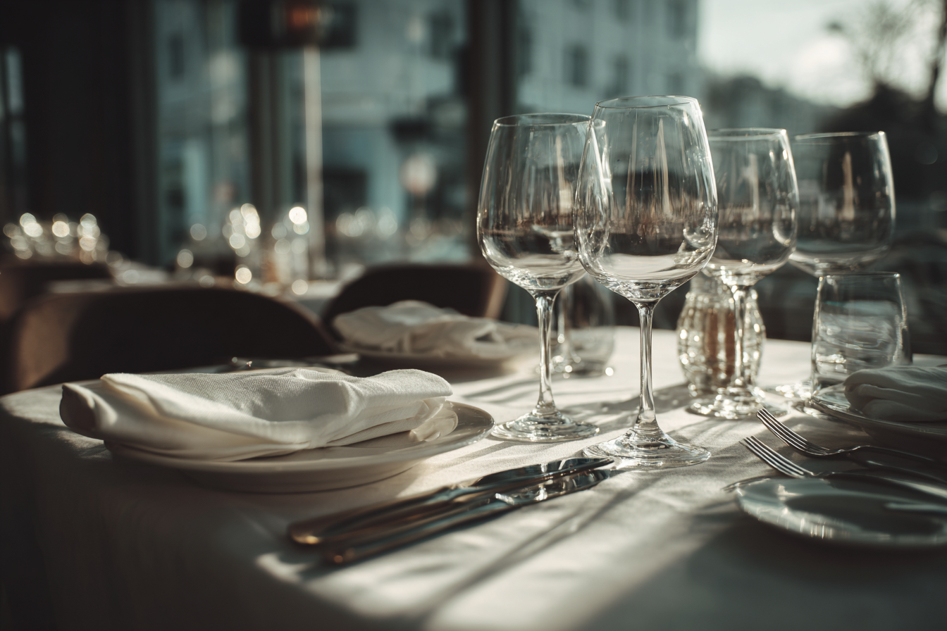 A imagem apresenta uma mesa elegantemente posta em um restaurante, destacando a luz suave que incide sobre copos de vidro e talheres. As cores dominantes são tons neutros, como brancos e beiges, combinados com reflexos transparentes dos copos. A composição inclui copos dispostos em primeiro plano, criando uma sensação de profundidade, enquanto o fundo é suavemente desfocado, sugerindo um ambiente acolhedor.