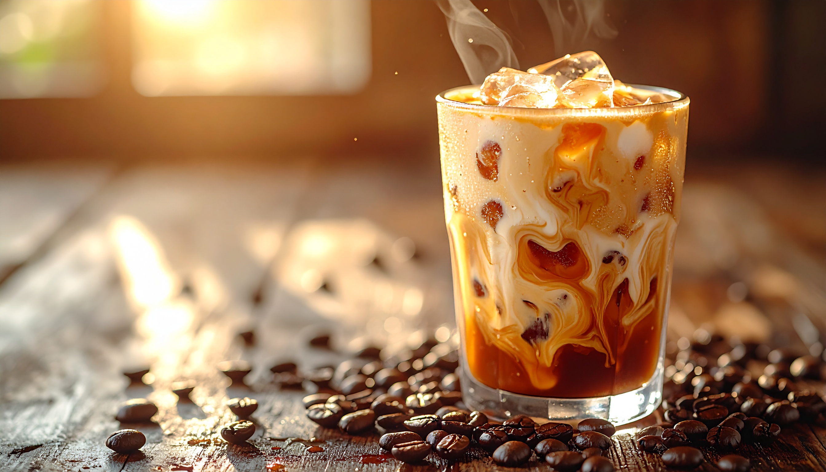 A chilled iced coffee sits on a rustic wooden table surrounded by coffee beans
