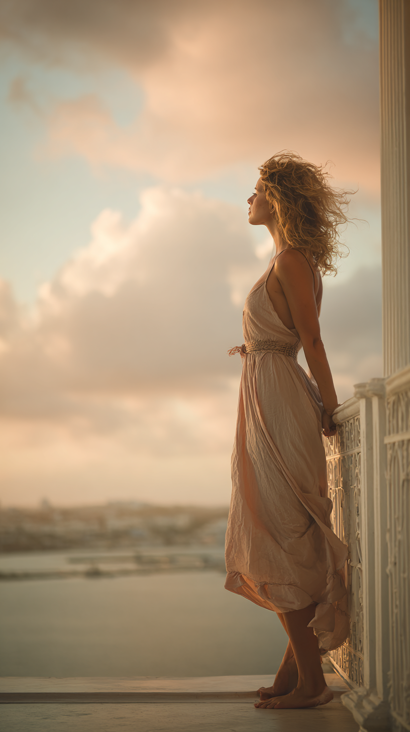 A imagem apresenta uma mulher em pé em uma varanda, com um vestido longo e esvoaçante. O ambiente é iluminado por uma luz suave, com nuvens em tons de rosa e azul ao fundo, criando um efeito de pôr do sol. A composição destaca a figura da mulher em um perfil contemplativo, com o cabelo solto ao vento e uma expressão serena.