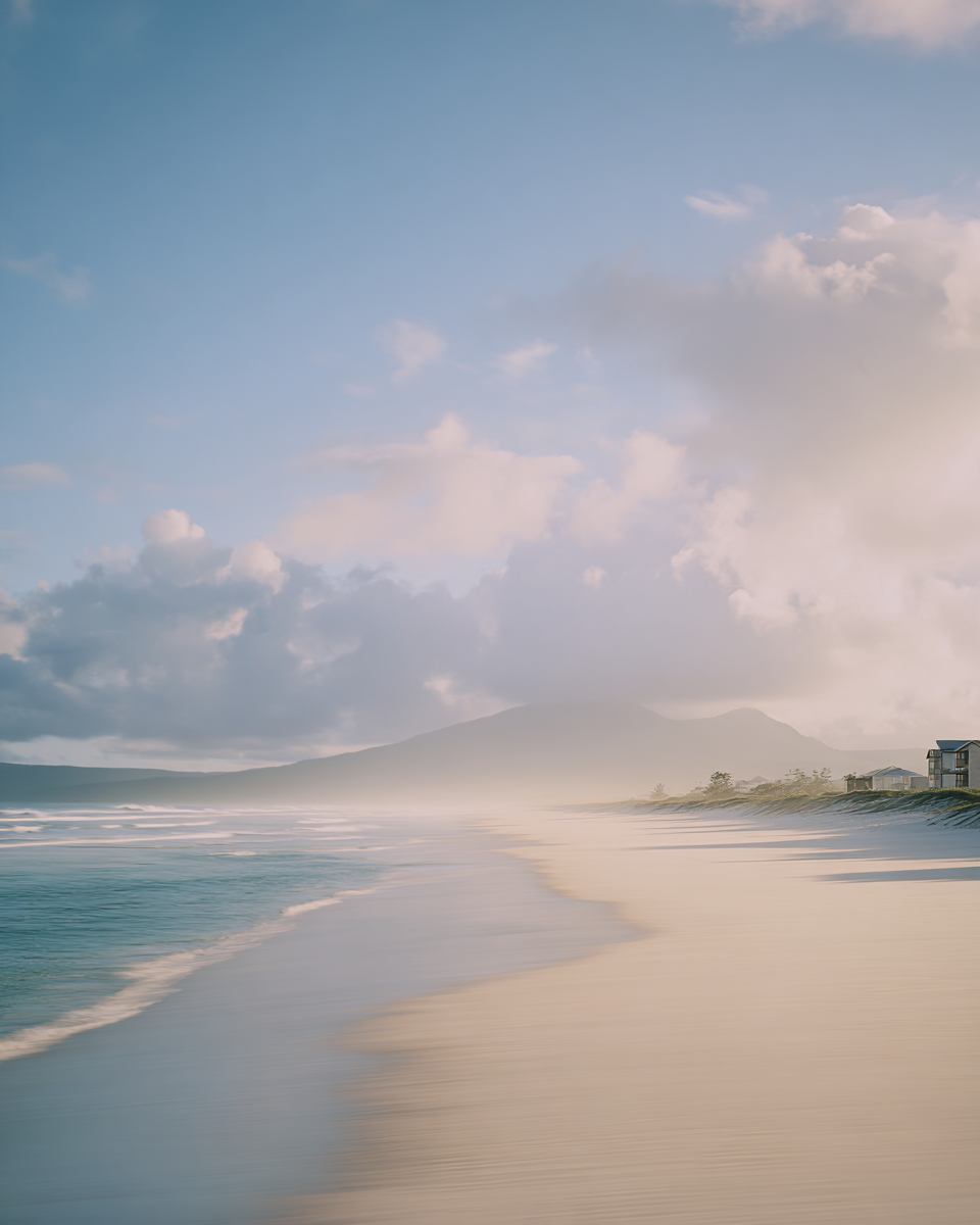 Paisagem de praia ao entardecer com ondas suaves e céu parcialmente nublado, montanha ao fundo e casas à direita. A iluminação dourada realça a tranquilidade da cena, com composição que transmite serenidade e profundidade, capturada em ângulo levemente inclinado.