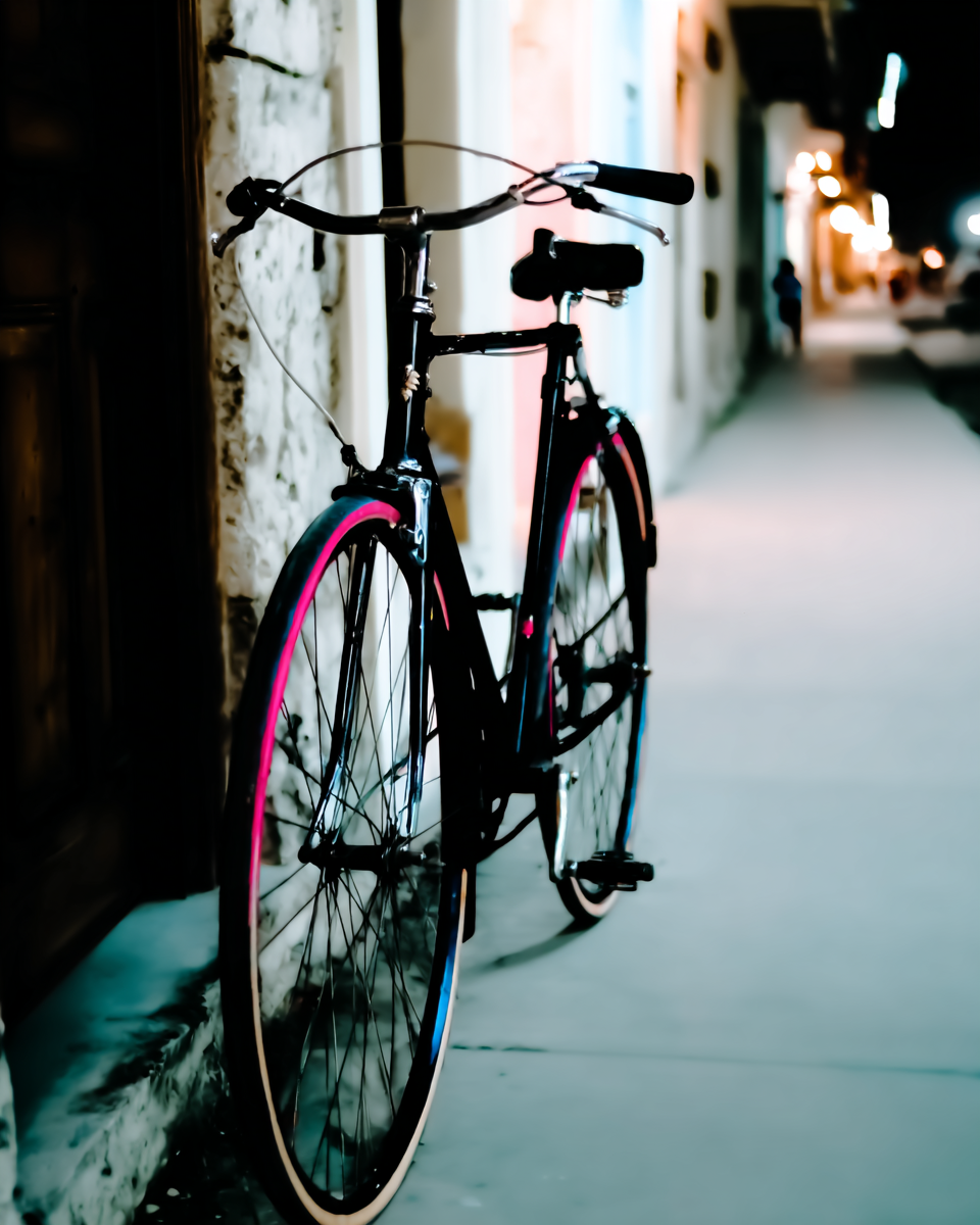 Bicicleta encostada em parede de pedra numa rua iluminada por luzes noturnas, criando uma atmosfera urbana e nostálgica com estilo vintage e tons suaves.