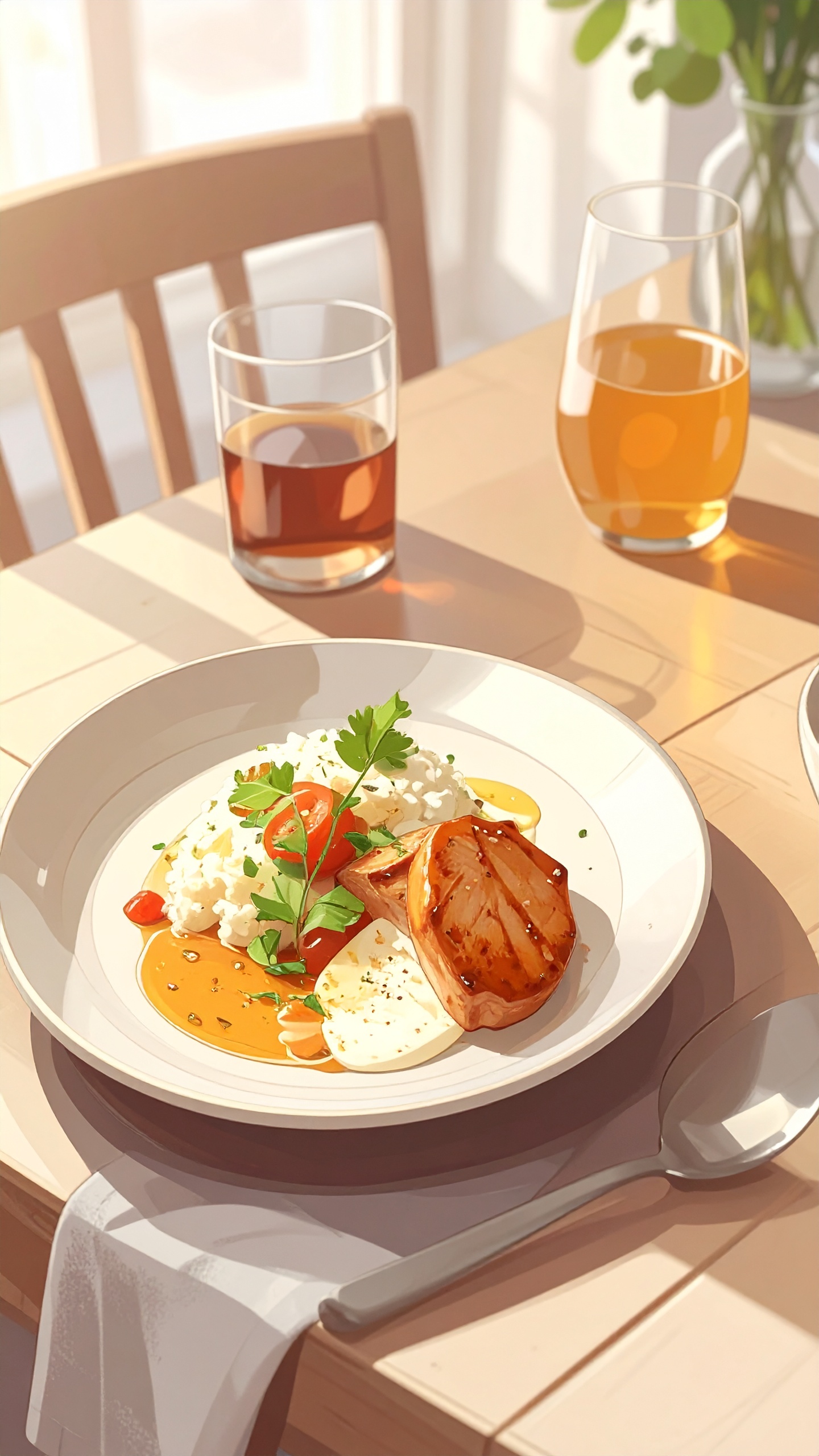 A beautifully arranged breakfast features a grilled chicken breast with fresh herbs and vegetables o