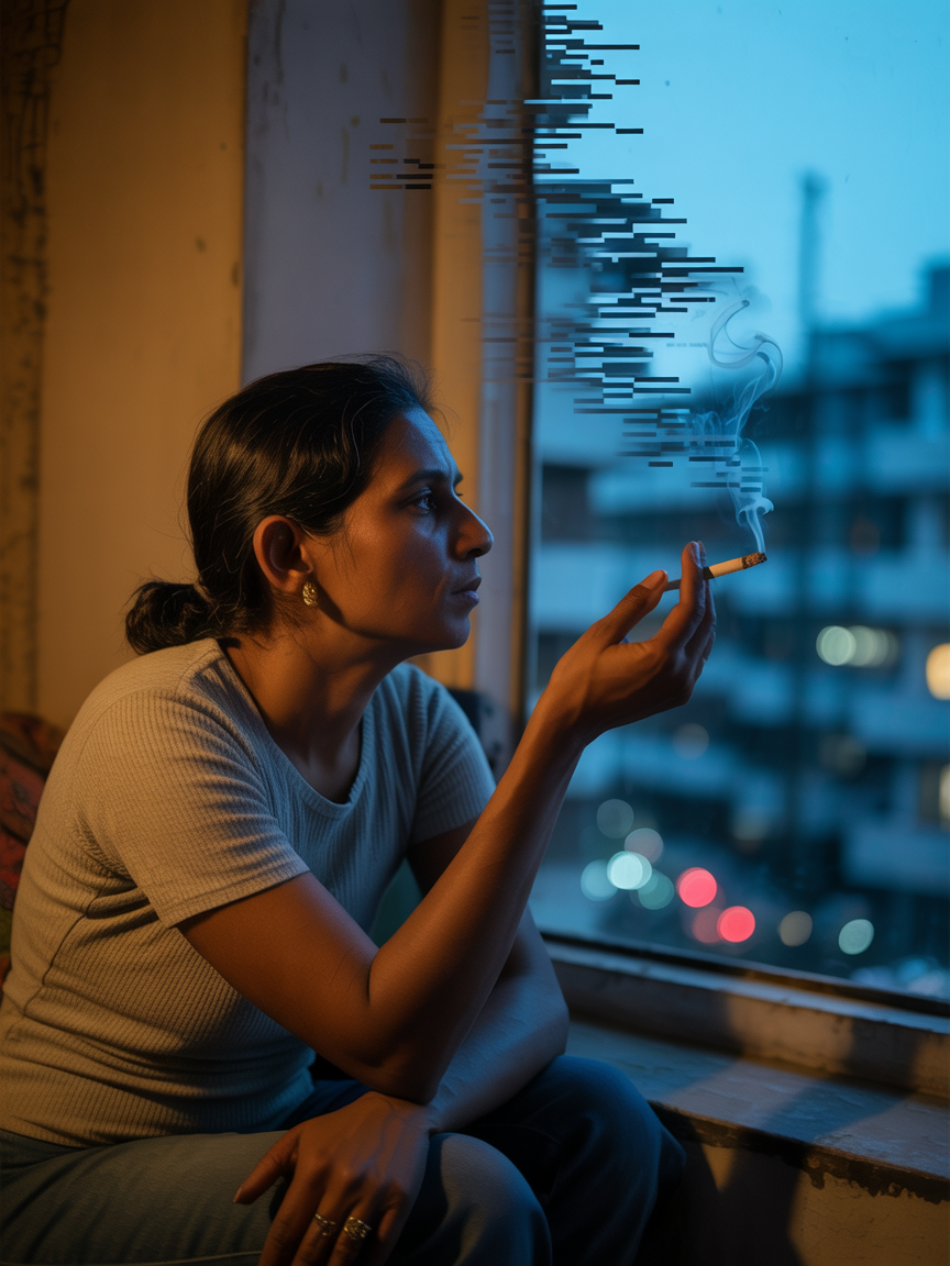 A woman sits by a window with a cigarette in hand, exhaling smoke against a blurred cityscape