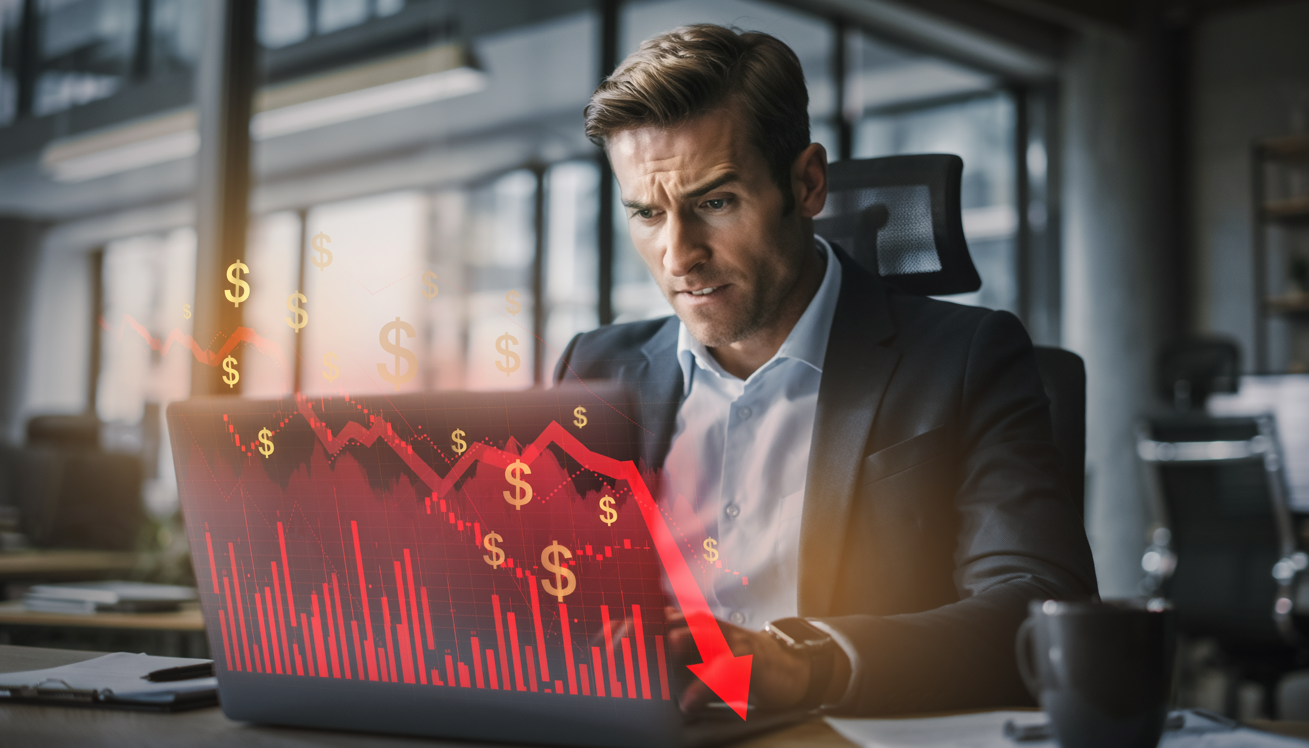 Concerned Man in Suit Watching Stock Drop on Laptop