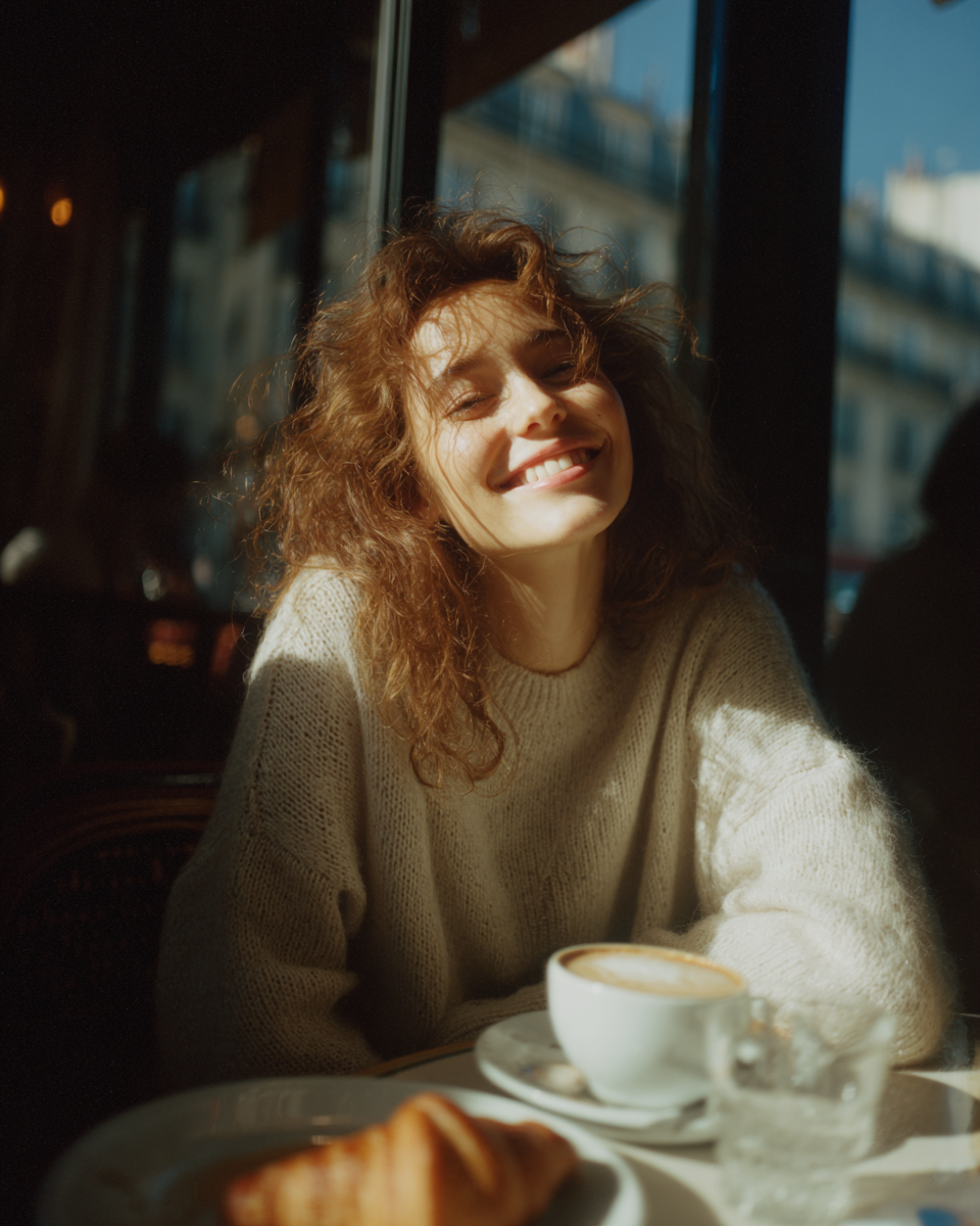 Uma mulher sorridente em um café, vestindo um suéter de tricô claro, enquanto desfruta de uma xícara de café e um croissant em uma mesa perto da janela. A luz suave do sol ilumina o ambiente, criando uma atmosfera acolhedora e convidativa.