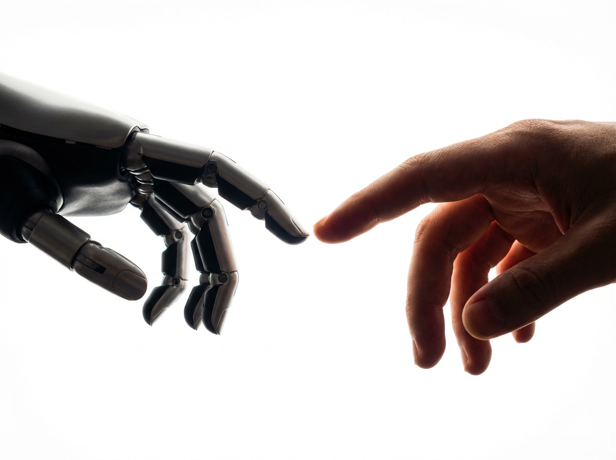 A robotic hand reaching towards a human hand symbolizes the intersection of technology and humanity