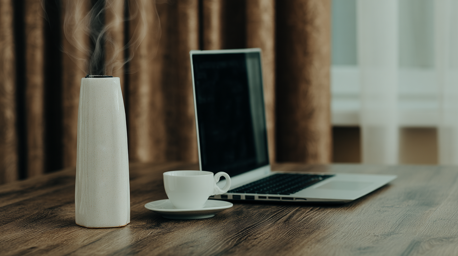 Cena de ambiente minimalista com laptop prateado sobre mesa de madeira, acompanhado por xícara de porcelana branca e difusor de aroma. A luz suave cria uma atmosfera aconchegante, destacando a textura do mobiliário e o vapor delicado no ar, compondo um espaço de trabalho sereno.