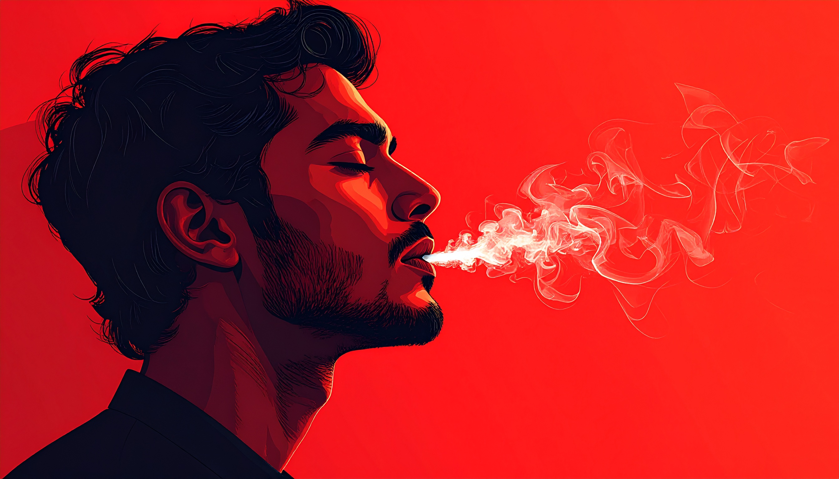 A digitally illustrated profile of a man exhaling smoke against a vibrant red background