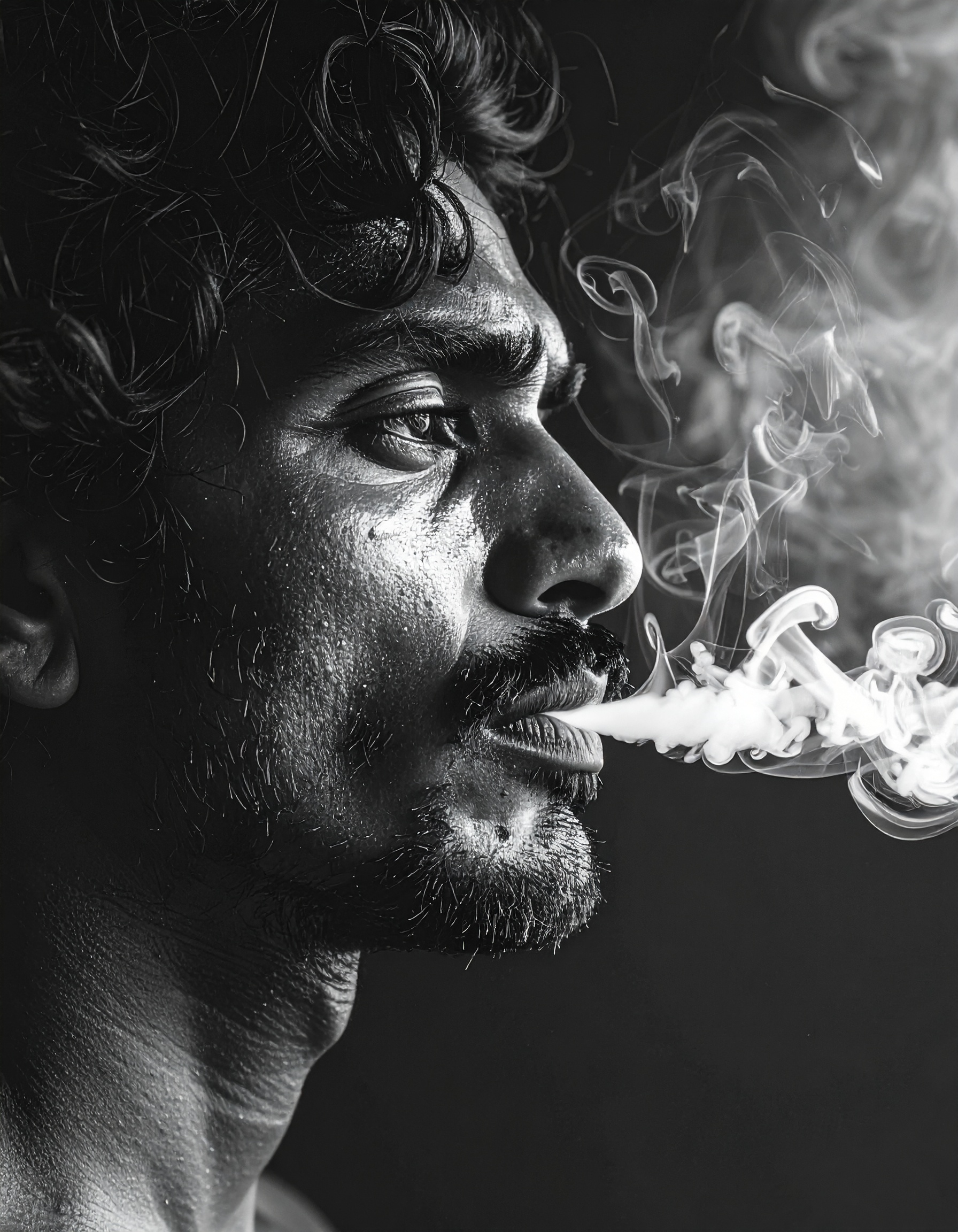 A man exhales a cloud of smoke in a dramatic black and white portrait