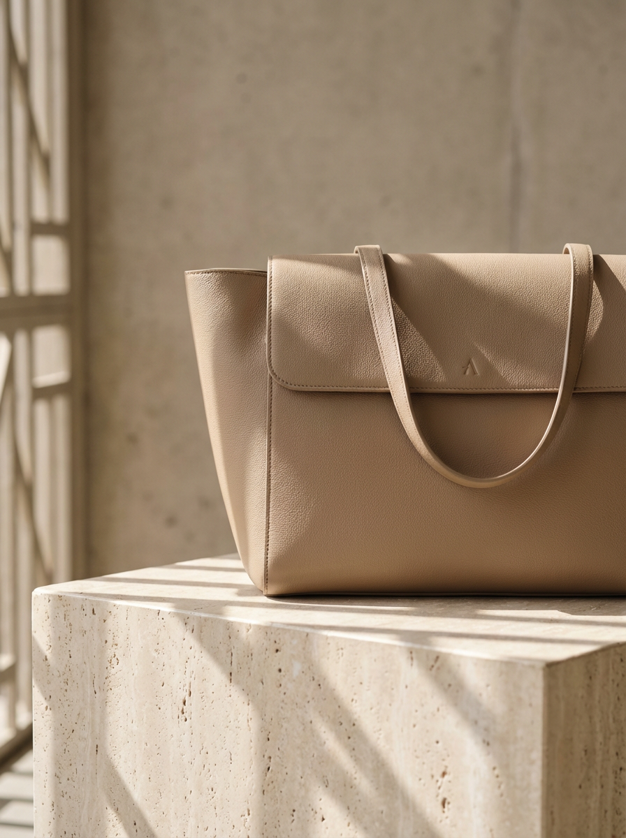 Elegant beige handbag displayed on a stone pedestal, catching natural sunlight