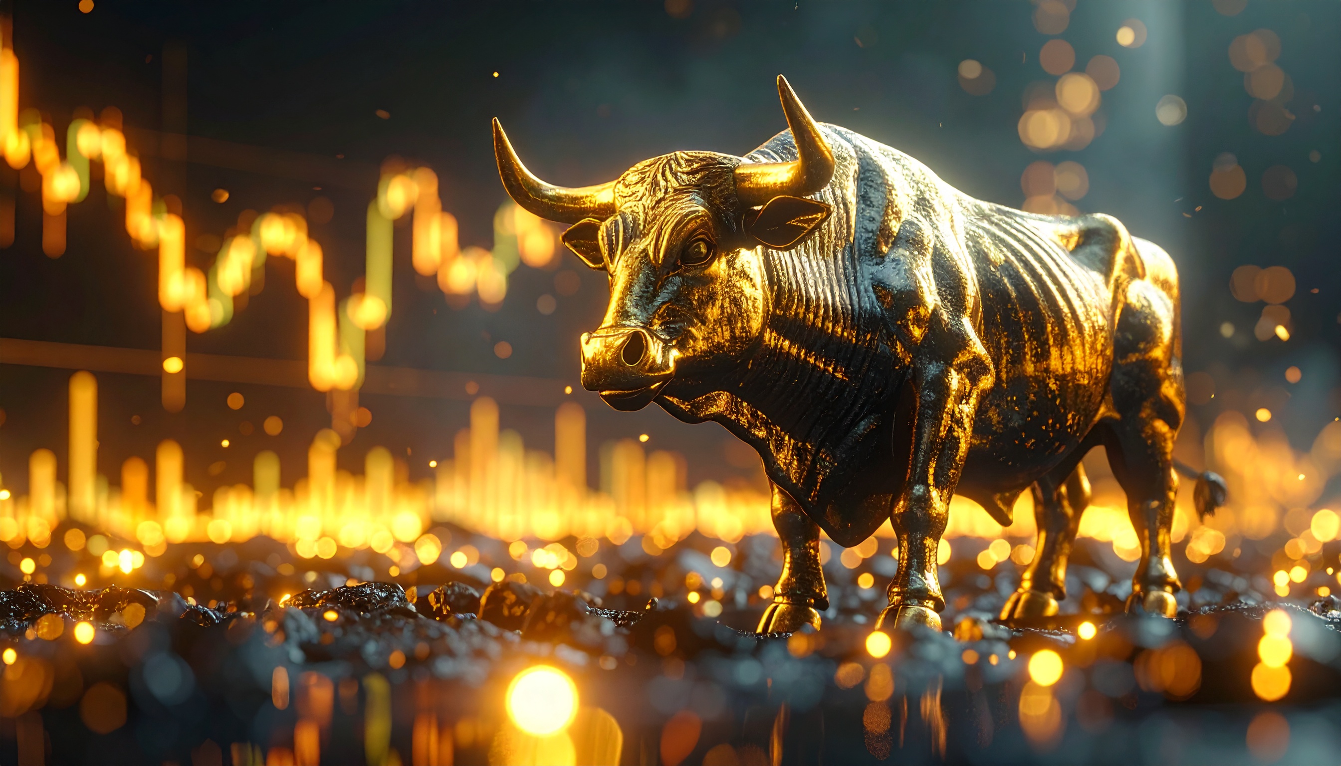 Estátua de touro dourado em destaque, sobre fundo com gráfico de linhas ascendentes em tons quentes de laranja e amarelo, evocando o mercado financeiro. Iluminação dramática realça detalhes texturizados do touro. Composição dinâmica e futurista com foco seletivo, transmitindo força e otimismo.