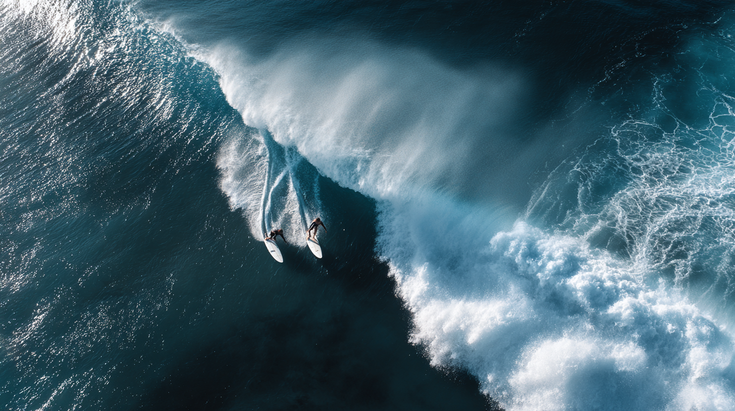Dois surfistas deslizando sobre ondas altas em um oceano azul profundo, capturado de uma perspectiva aérea, com espuma do mar formando um contraste vibrante contra as águas tranquilas.