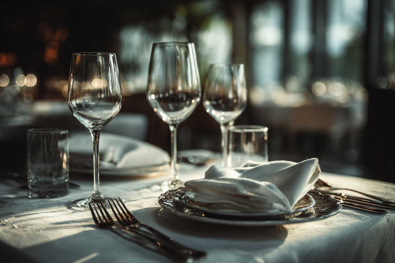 Mesa elegantemente posta em um restaurante, apresentando taças de vinho, copos de água, guardanapos brancos e talheres em um ambiente sofisticado com iluminação suave.