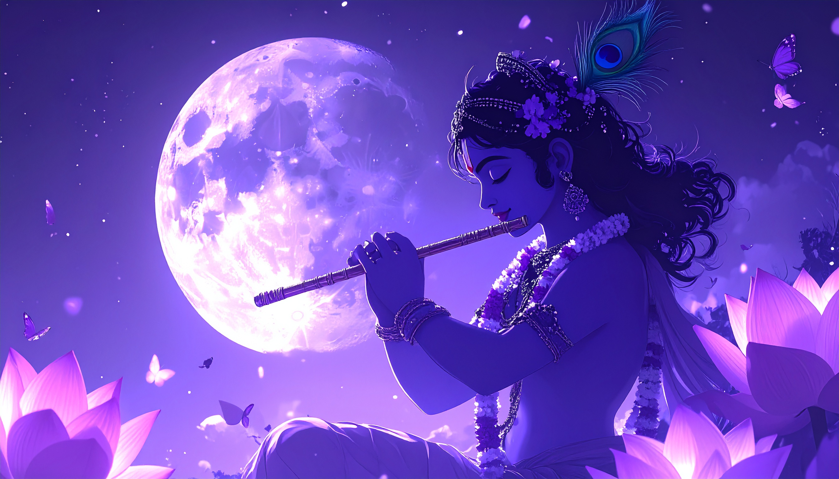 A serene depiction of a blue-skinned deity playing a flute under a luminous full moon