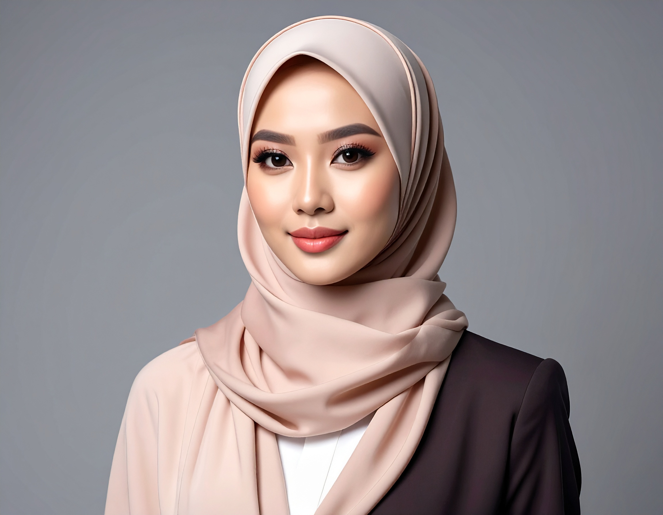 A woman wearing a light beige hijab and a dark blazer poses confidently