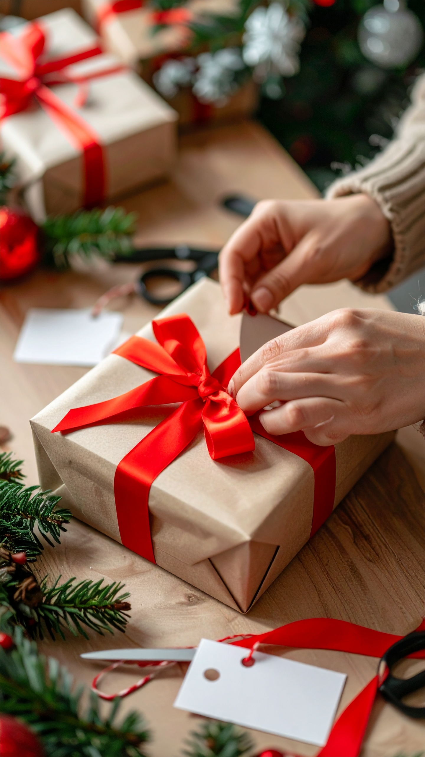Gift Wrapping with Vibrant Red Ribbon