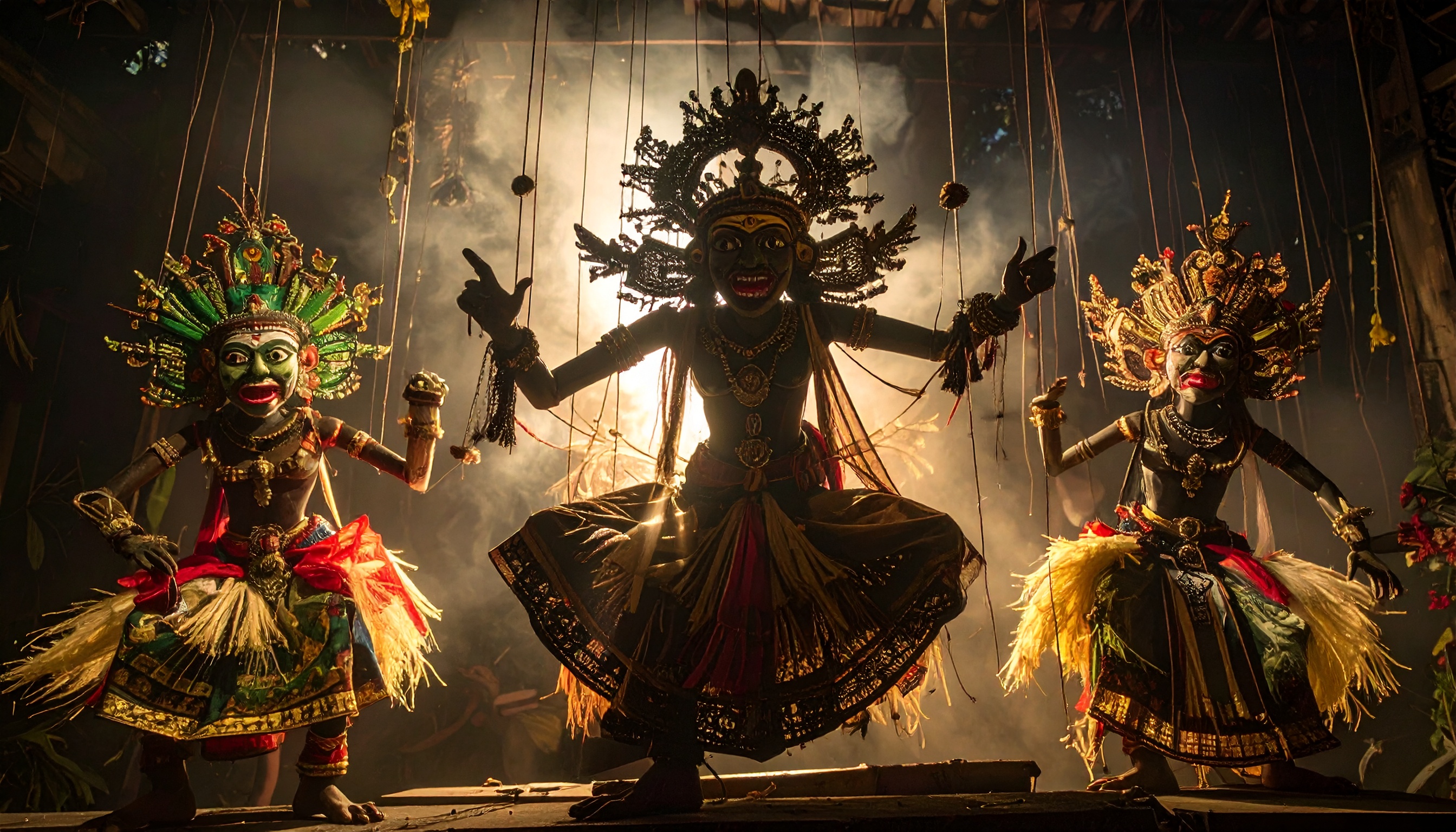 Marionetes tradicionais balinesas exibindo trajes elaborados e coloridos. Utilizadas em performances culturais, essas marionetes representam figuras mitológicas e são essenciais para contar histórias locais. Detalhes ricos, como os adornos e as roupas vibrantes, conferem autenticidade e beleza à cena. Ideal para apresentações culturais, eventos temáticos ou decoração de espaços artísticos. A arte das marionetes balinesas é uma expressão única da rica herança cultural da Indonésia.