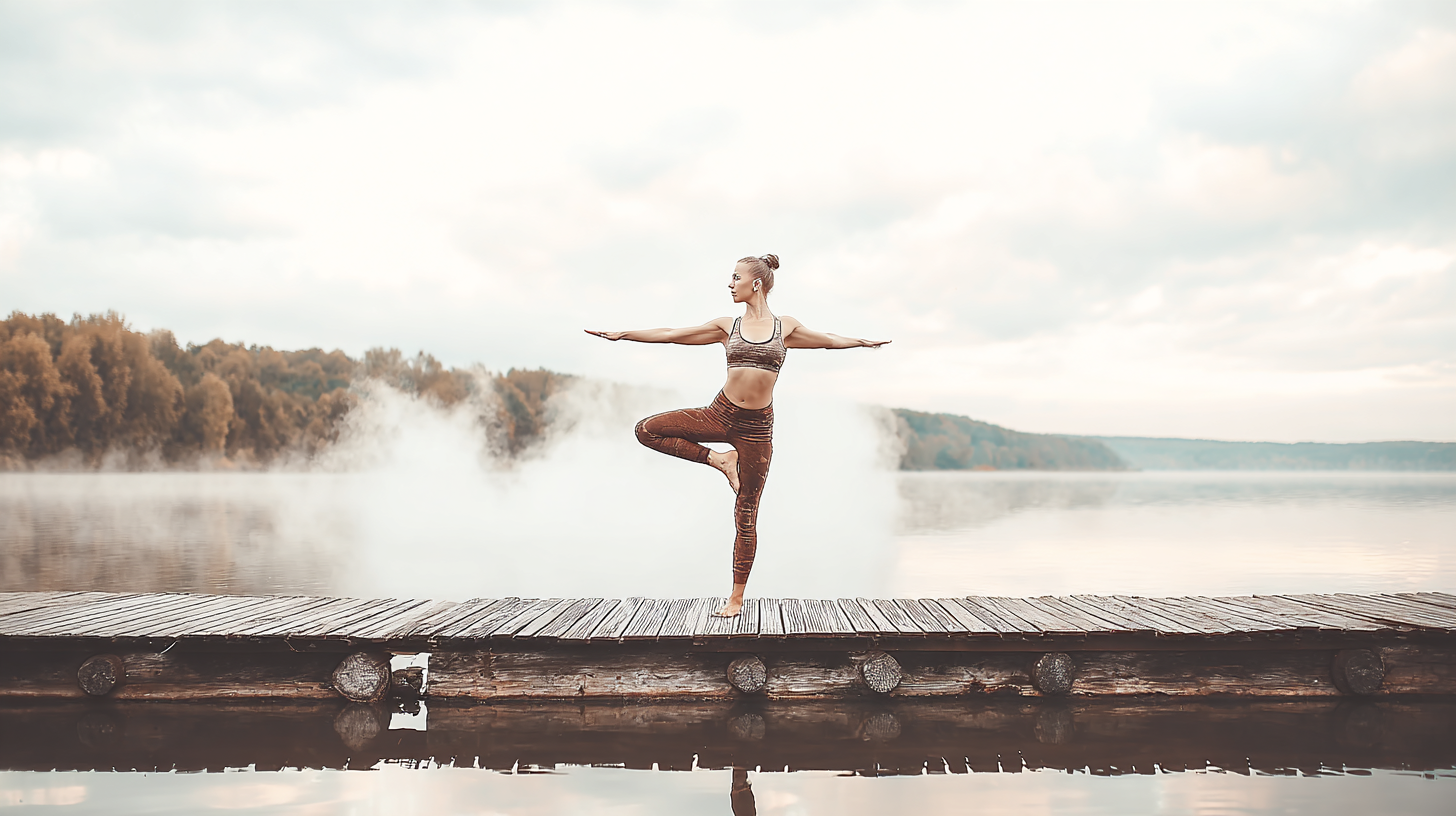 Mulher praticando yoga em posição de árvore sobre um píer de madeira em um lago tranquilo, cercada por névoa matinal e floresta outonal, transmitindo serenidade e equilíbrio.