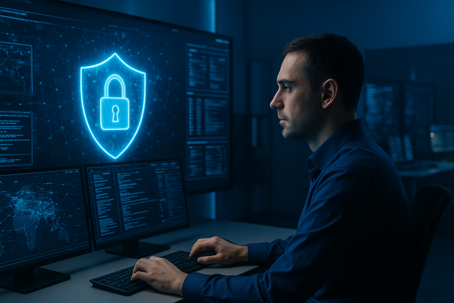 A imagem apresenta um ambiente de trabalho digital com um foco em segurança cibernética. O fundo é predominantemente azul escuro, complementado por tons mais claros de azul que emanam dos monitores. Um símbolo de escudo com um cadeado brilha em neon, destacando-se na tela principal. O homem à esquerda, vestido com uma camisa azul, está concentrado em seu trabalho, com as mãos sobre o teclado.