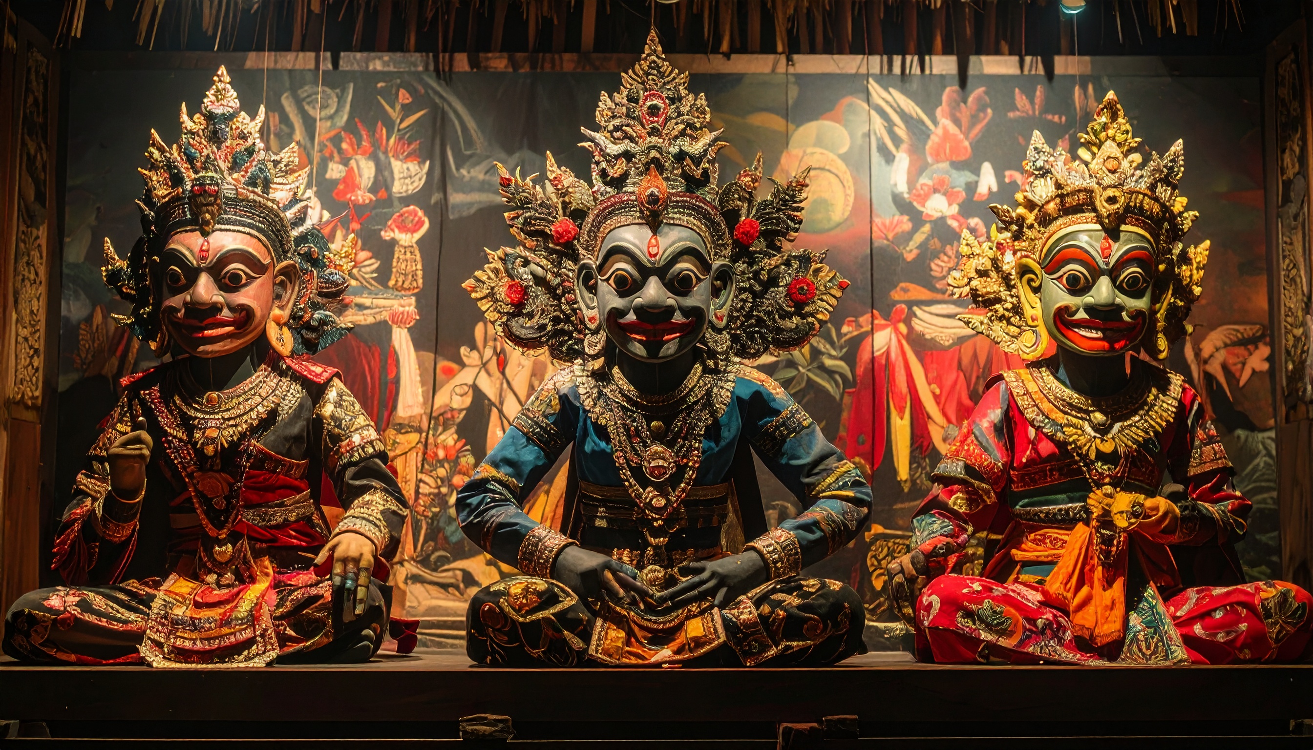 Intricate Balinese masks in vibrant colors on display