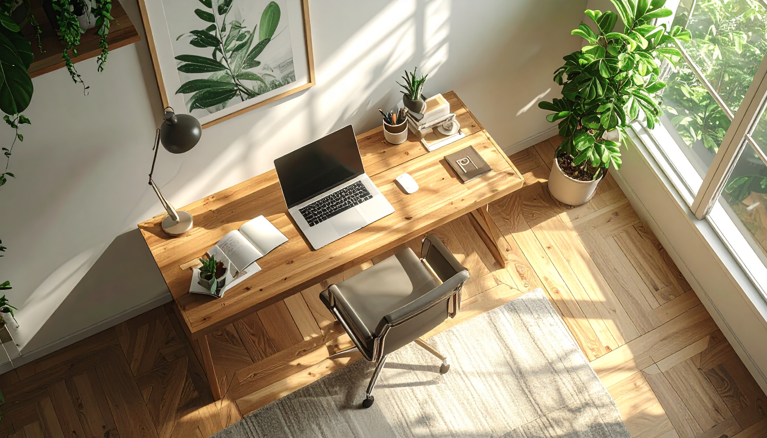 Elegant Wooden Desk in Modern Office with Laptop and Plants