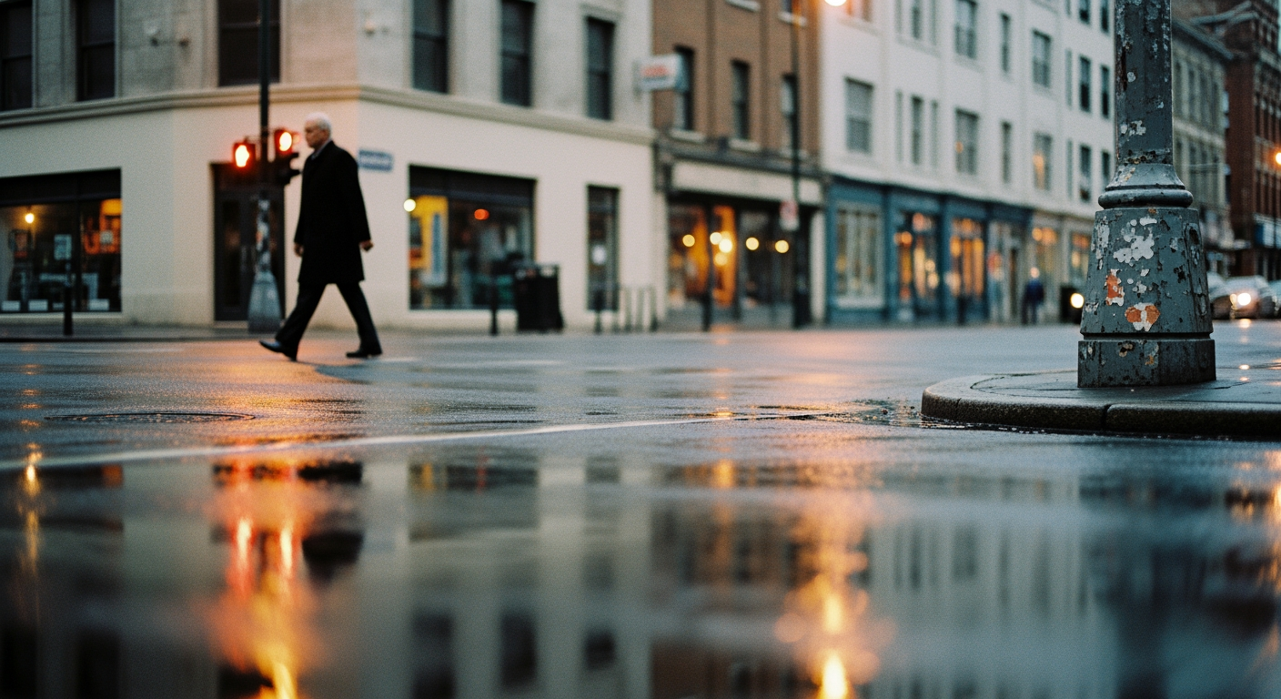 Cruzamento urbano em dia chuvoso com reflexos no asfalto molhado. Captura a essência do ambiente urbano, ideal para projetos que buscam transmitir dinamismo e modernidade. As luzes refletidas no chão criam um efeito visual encantador, destacando o contraste entre o movimento humano e a arquitetura estática. Adequada para campanhas publicitárias e materiais que buscam ilustrar a vida urbana contemporânea. O jogo de luz e sombra oferece uma sensação de profundidade e movimento, enriquecendo o conteúdo visual.