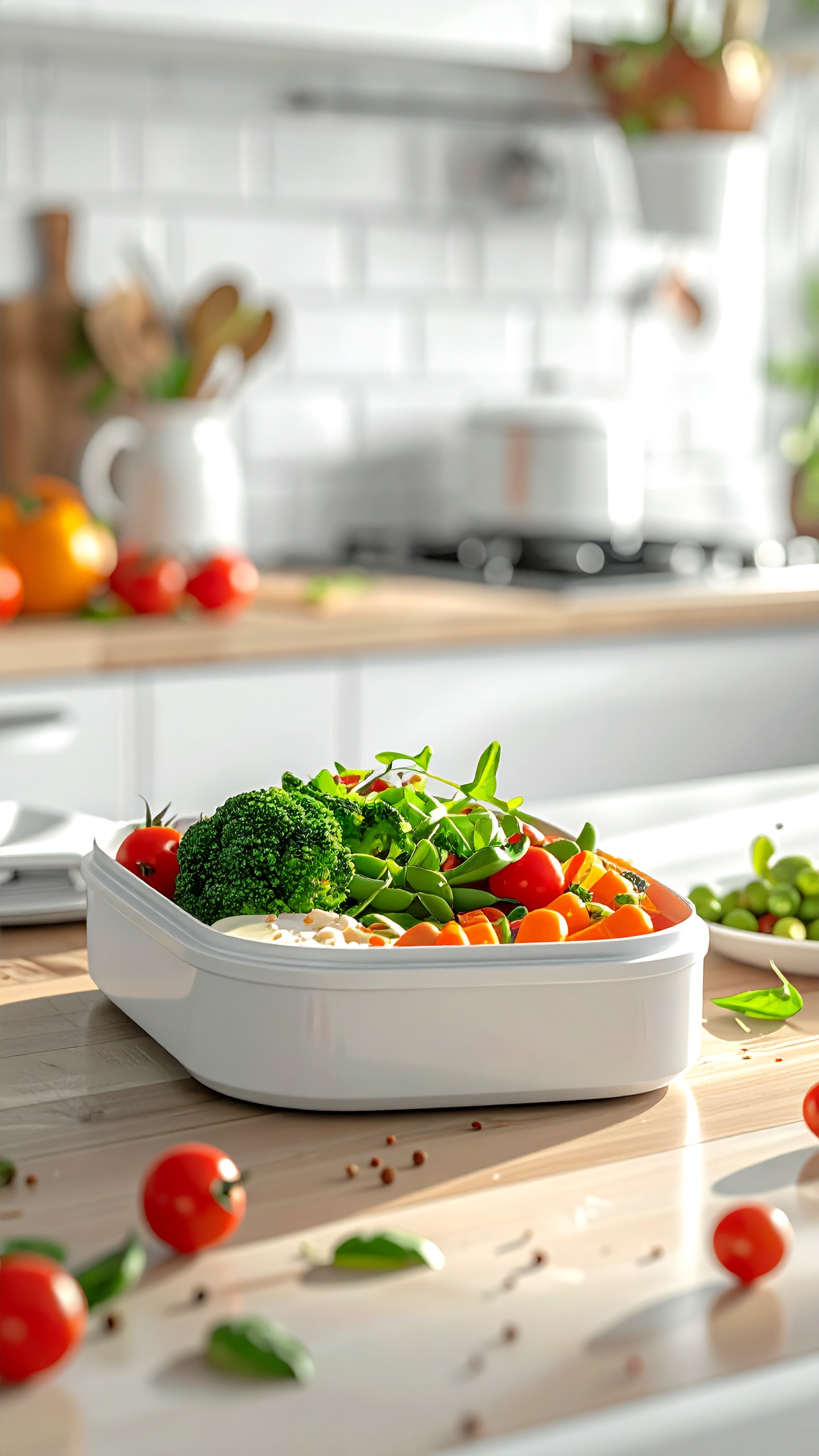 A fresh vegetable salad in a sleek white dish rests on a wooden kitchen counter
