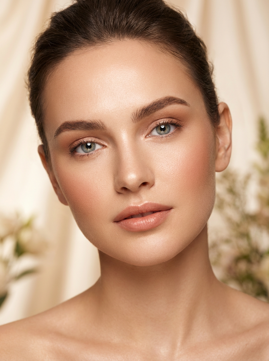 A woman with flawless skin gazes confidently, embodying a natural beauty ideal