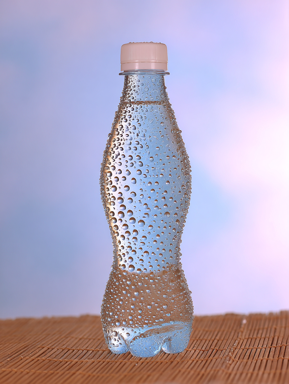 Garrafa plástica transparente coberta por gotas de água, em um fundo suave de tons pastéis azul e rosa, criando um contraste visual. A iluminação destaca as gotas na superfície, proporcionando uma sensação refrescante. A garrafa está em uma superfície de madeira texturizada, fotografada em ângulo frontal, com foco nítido e composição centralizada.