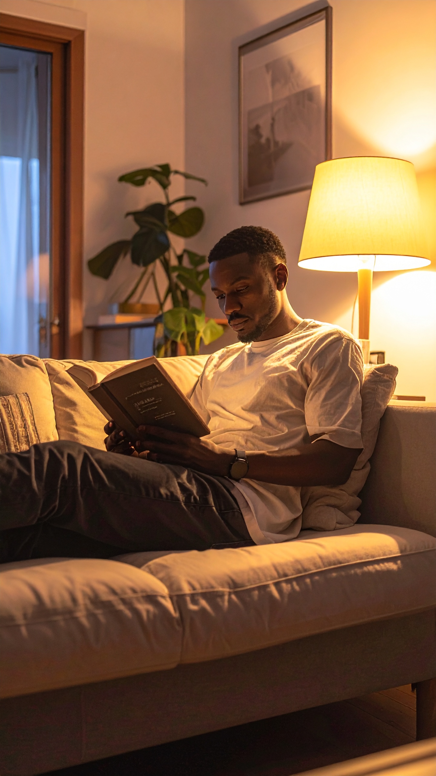 A man sits comfortably on a sofa, reading under warm lamplight
