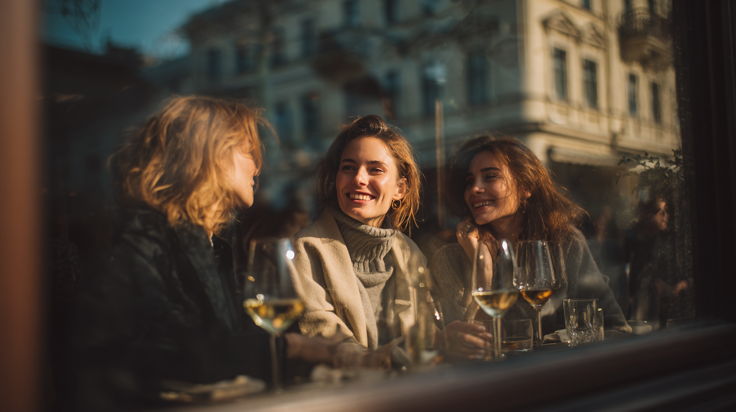 Três mulheres sorrindo enquanto desfrutam de um momento juntas em um café, com taças de vinho e um ambiente iluminado pelo sol. A imagem captura a alegria da amizade e a atmosfera acolhedora de um encontro social.