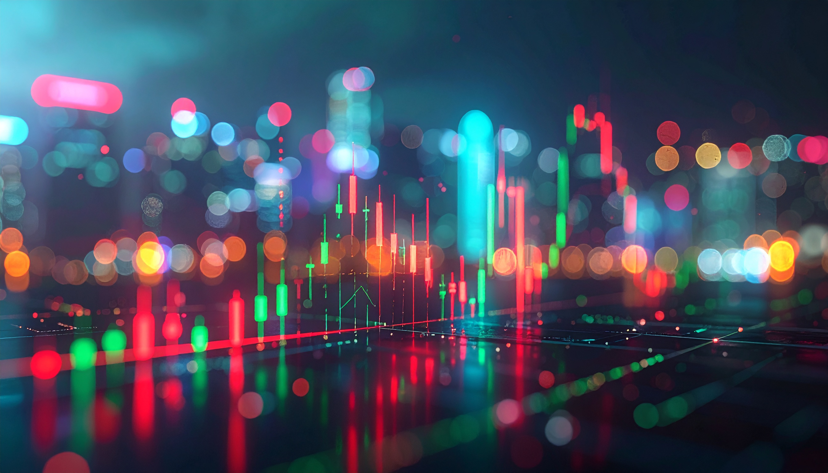 Colorful Candle Charts Over Urban Skyline